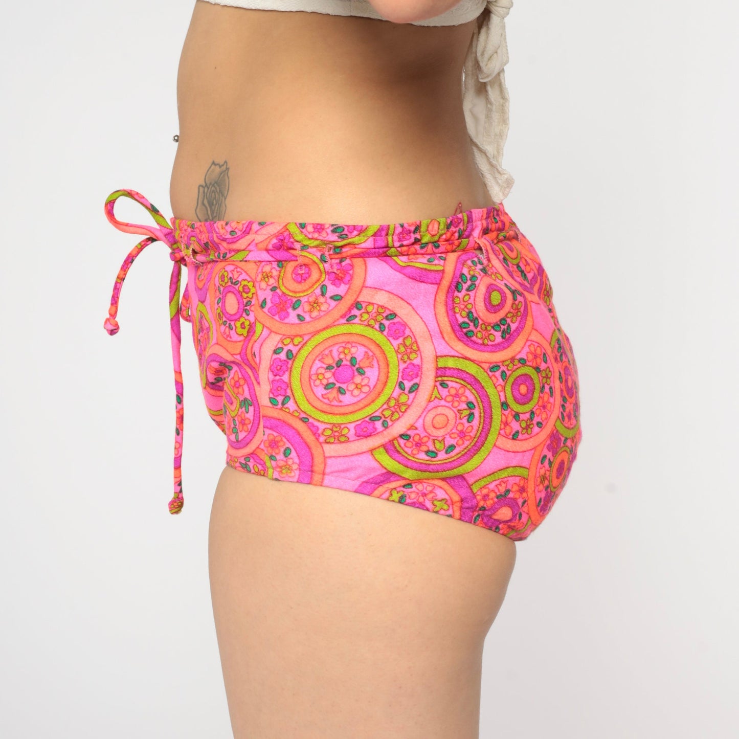 70s Pink Floral Bikini Bottoms Low Waist Drawstring Swim Shorts Small