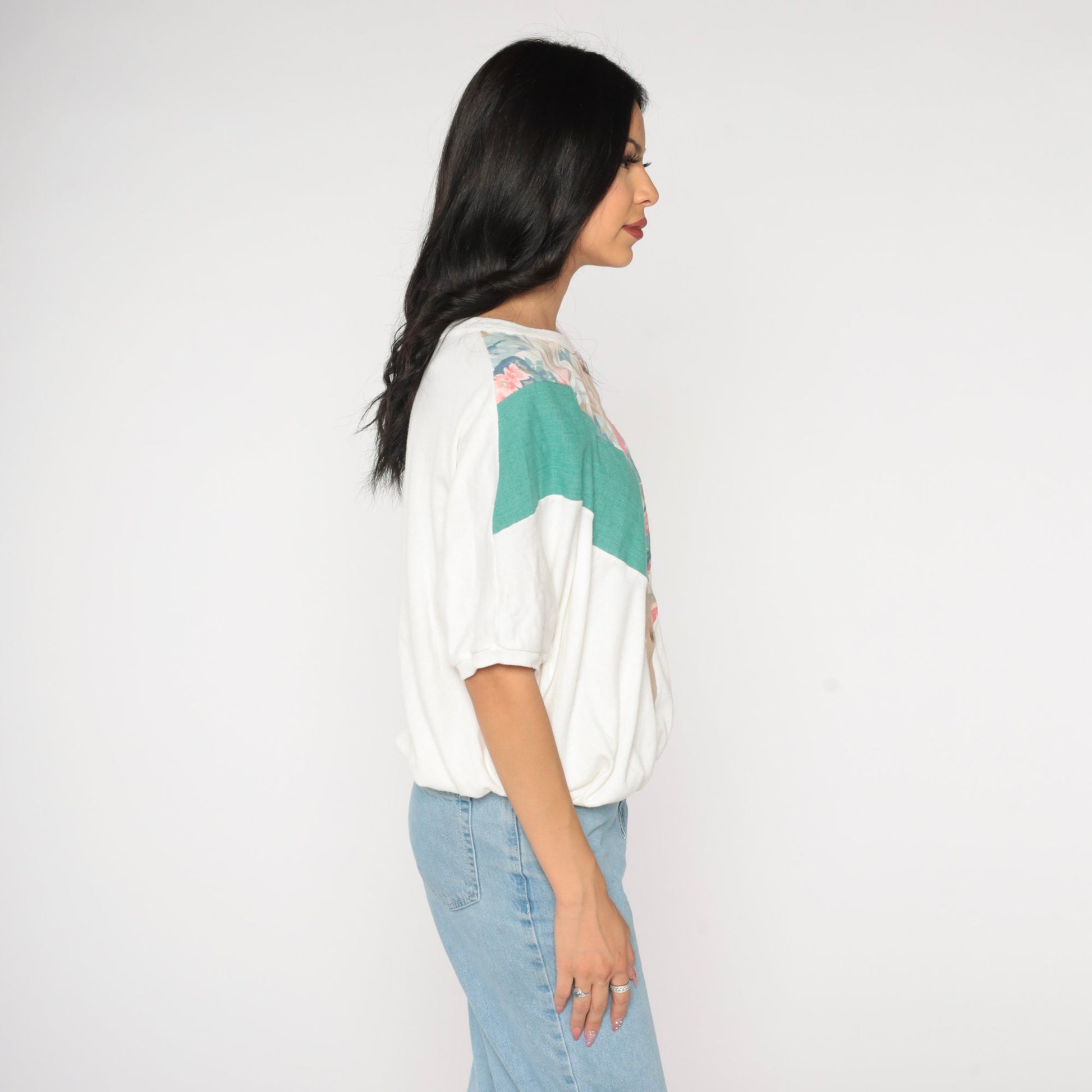 90s Colorblock Floral Striped Cotton T-Shirt White Banded Hem Medium M