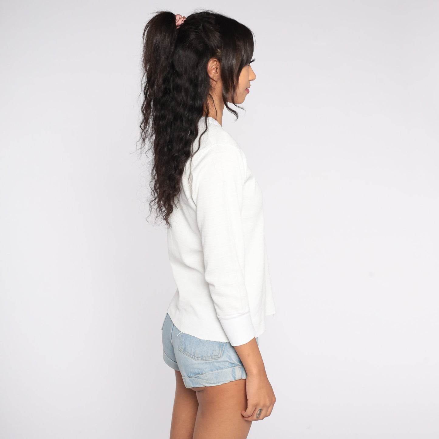 90s White Waffle Knit Thermal Long Sleeve Shirt Medium M