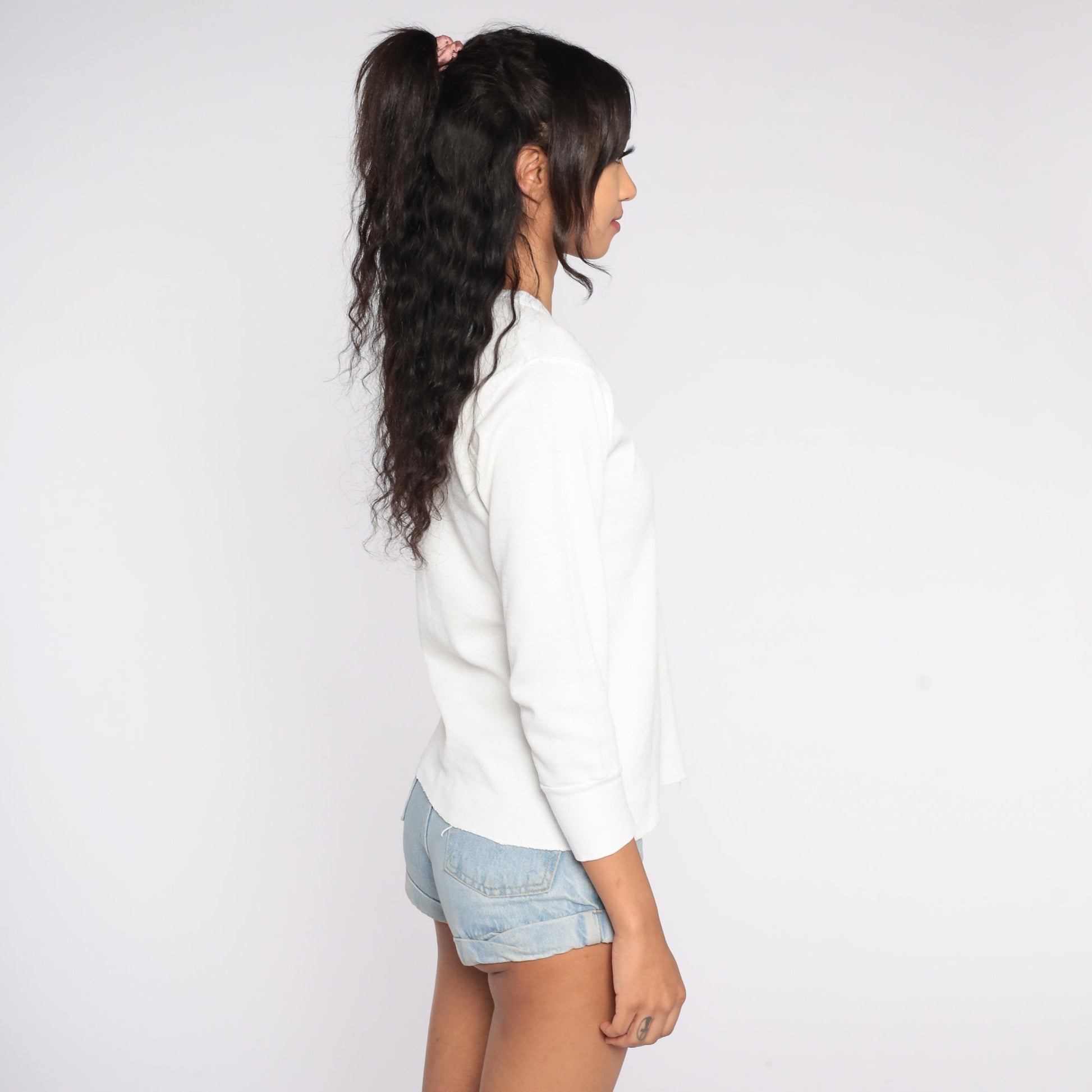 90s White Waffle Knit Thermal Long Sleeve Shirt Medium M