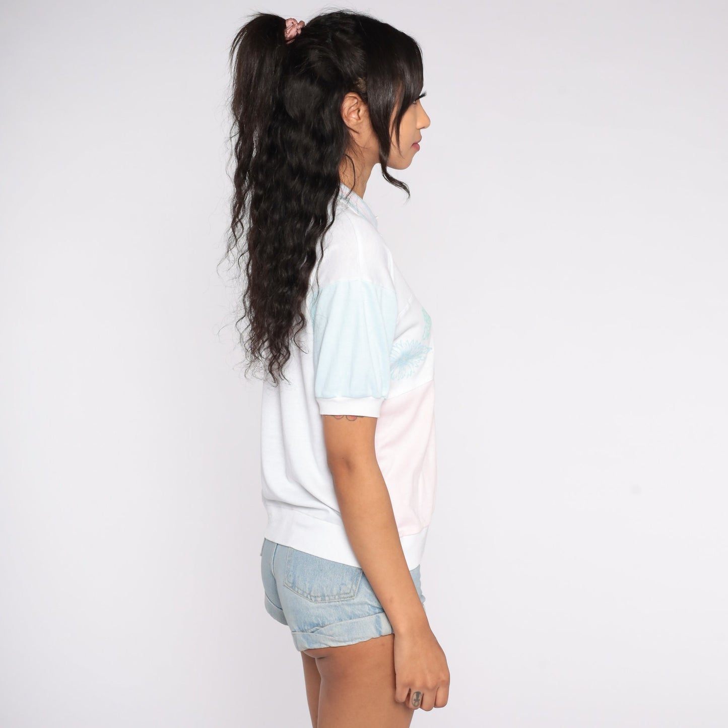 80s Pastel Floral Color Block Polo Shirt White Pink Blue Medium Large