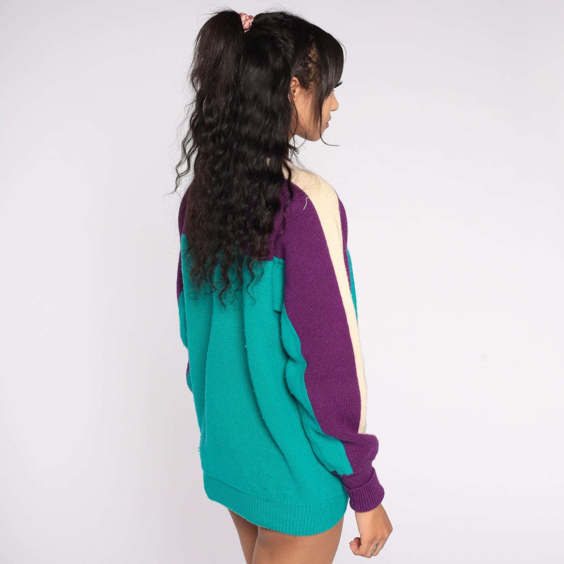 90s Wool Color Block Sweater Purple Green Cream Striped Crewneck Medium