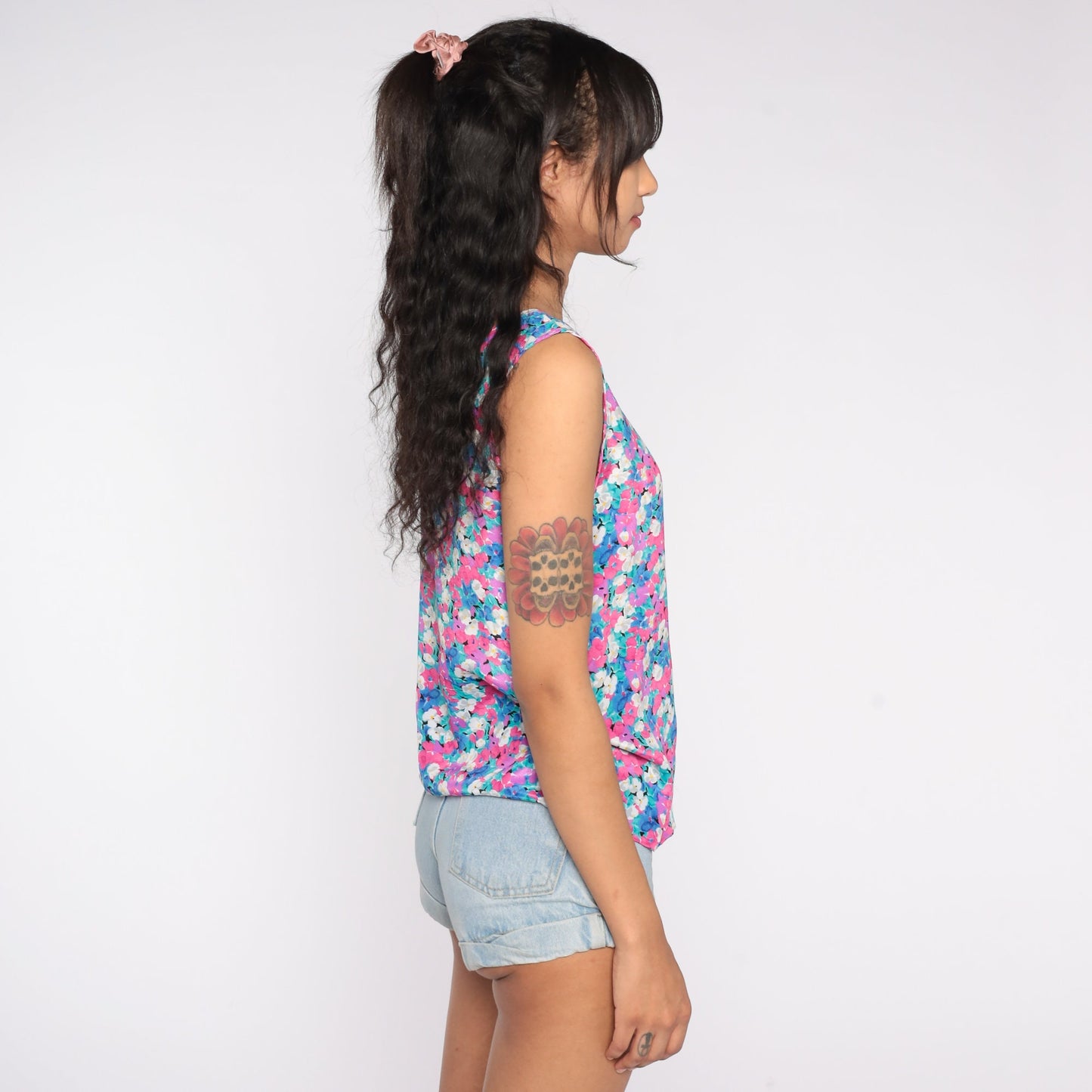 90s Pink Floral Tank Top Sleeveless Blouse Flower Print Small S