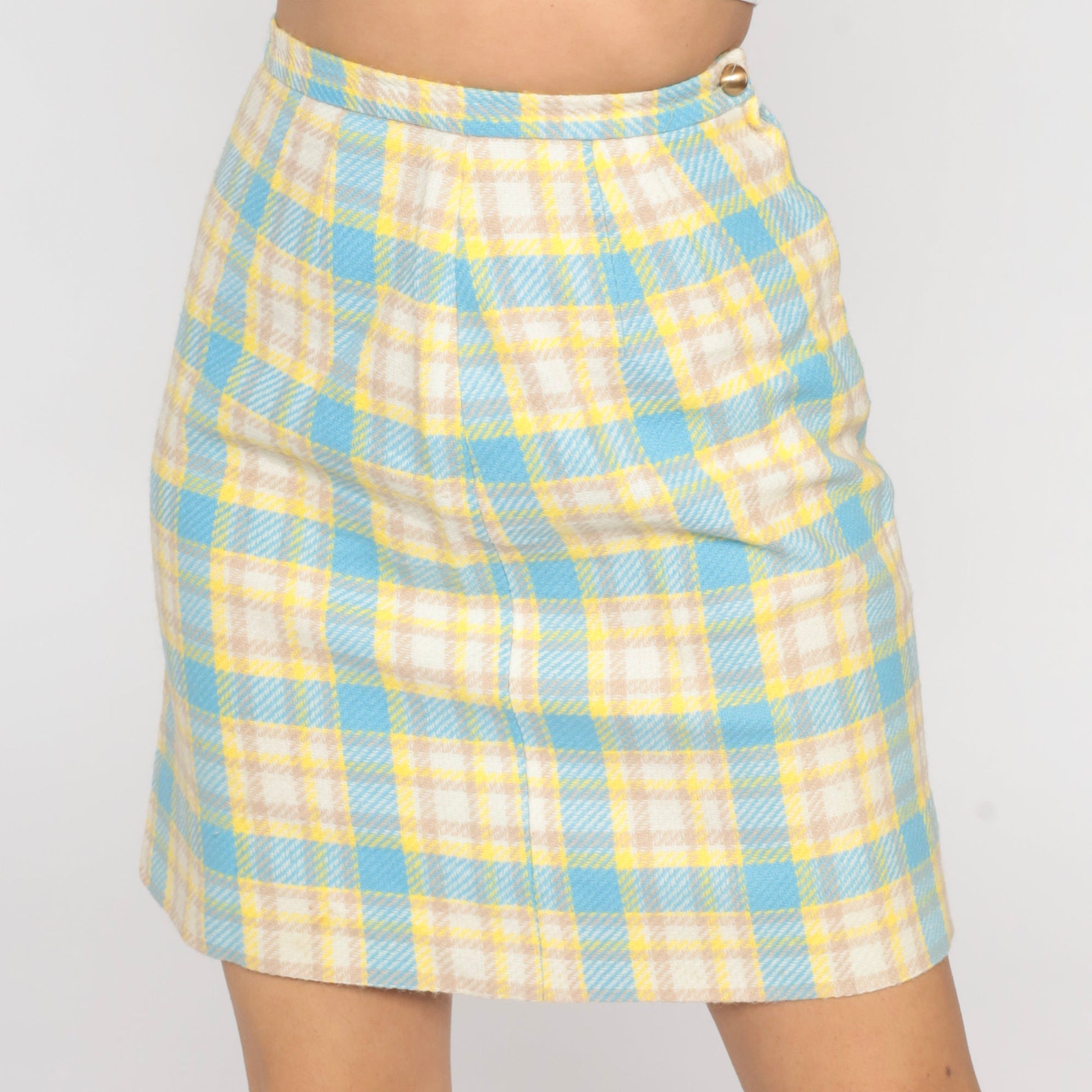 60s Yellow Blue Plaid Pencil Skirt High Waist Mini Mod Small