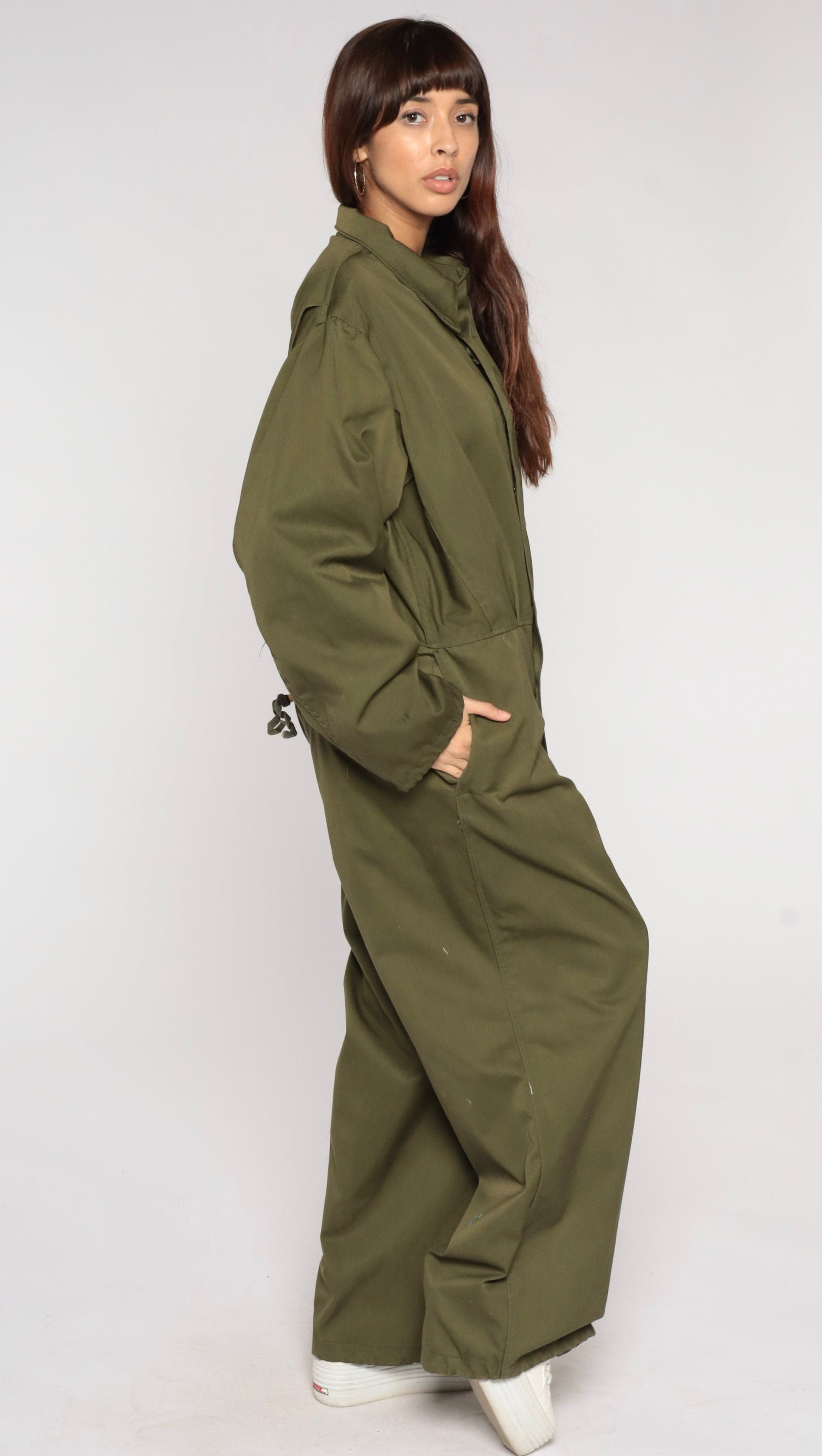 90s Army Olive Green Jumpsuit Military Coveralls Long Sleeve Men's Medium