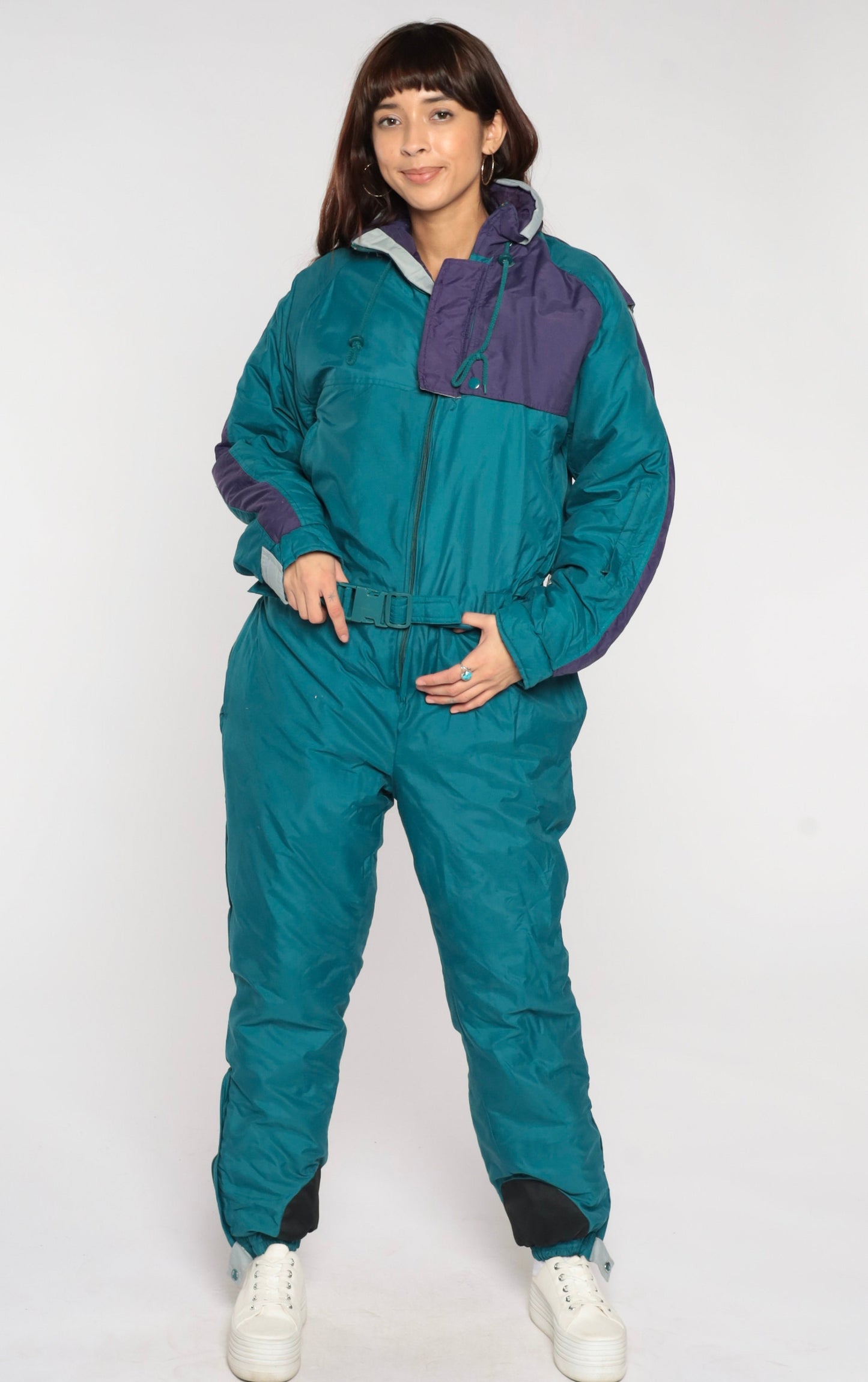 90s Teal Green Color Block Ski Suit One-Piece Jumpsuit Medium M
