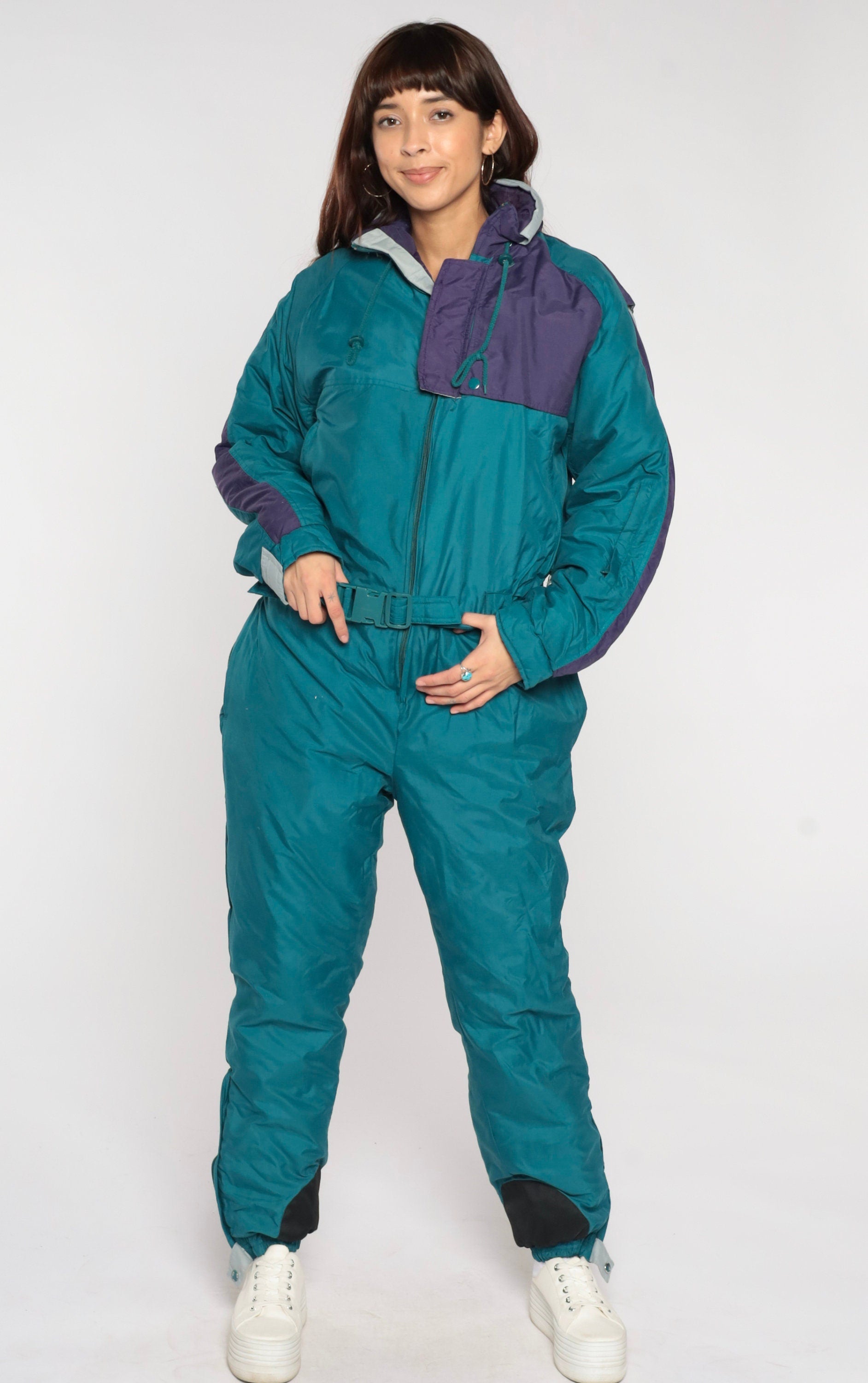 90s Teal Green Color Block Ski Suit One-Piece Jumpsuit Medium M