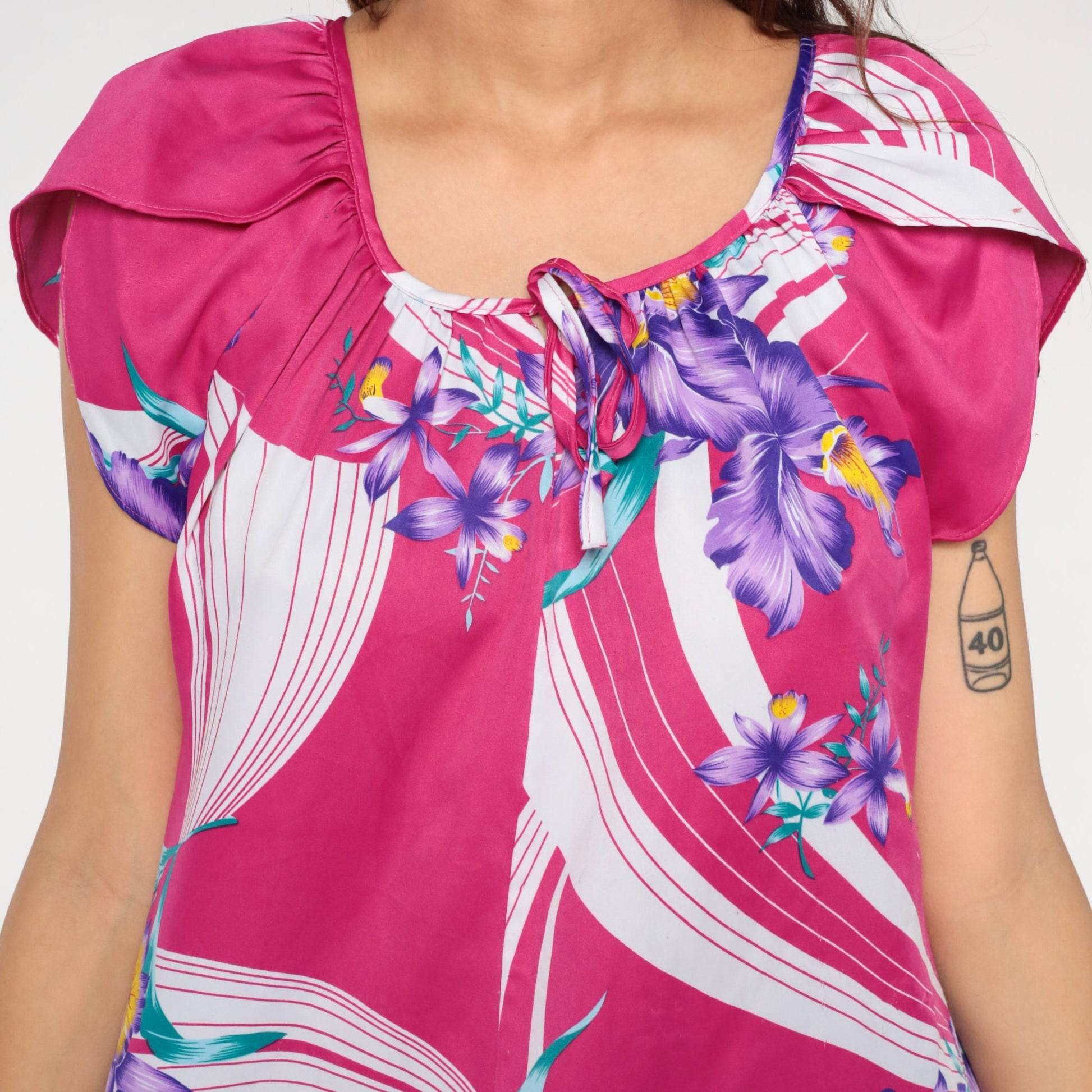 80s Pink Tropical Floral Mini Dress Tulip Sleeve Shift Medium M