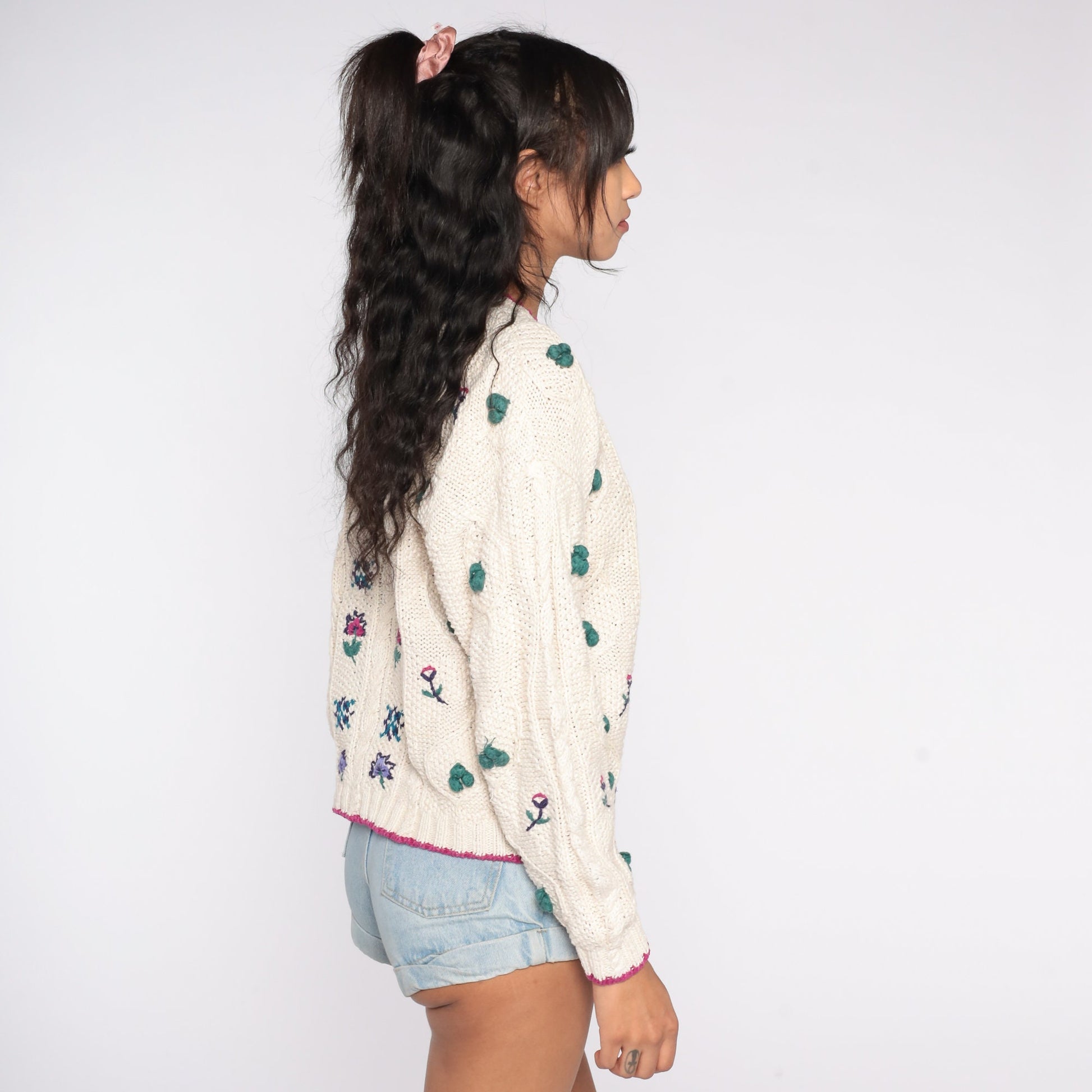 90s Cream Cable Knit Floral Cardigan Button Up Sweater Extra Large XXL