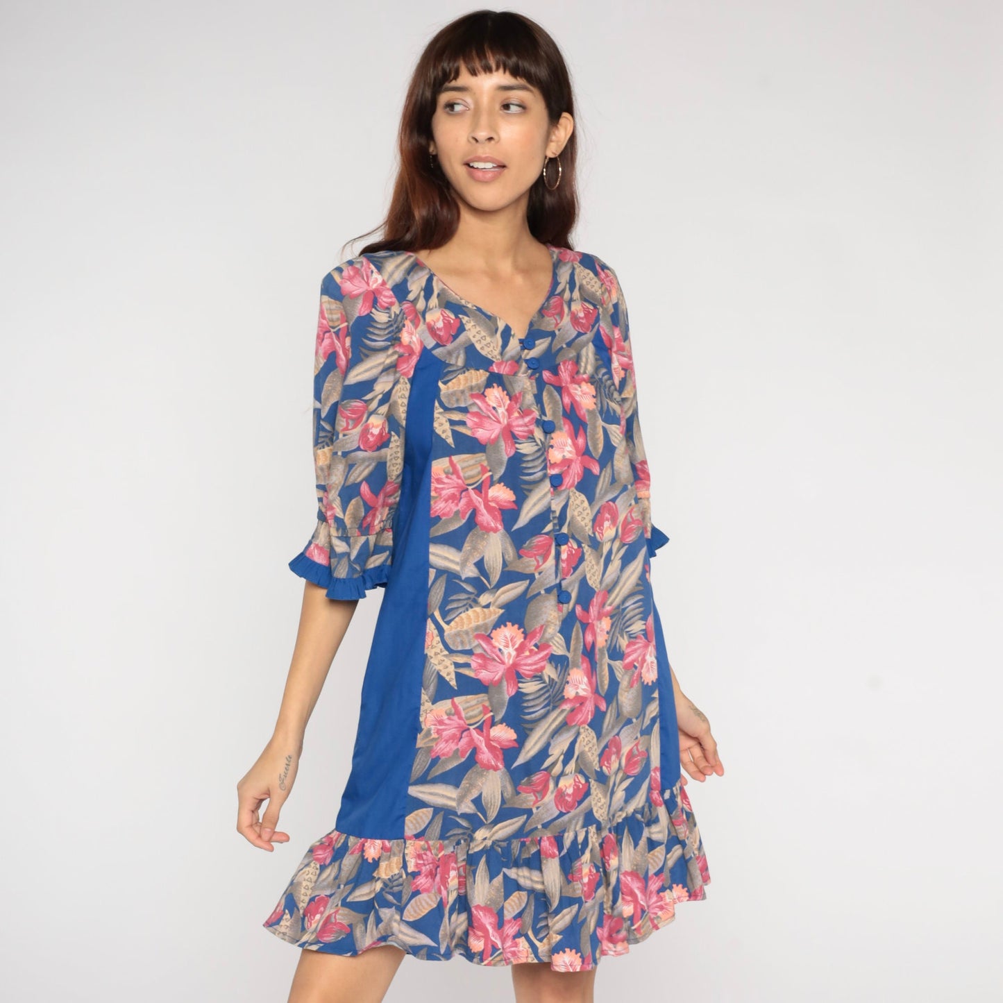 80s Tori Richard Tropical Floral Mini Dress Blue Button-Up Small