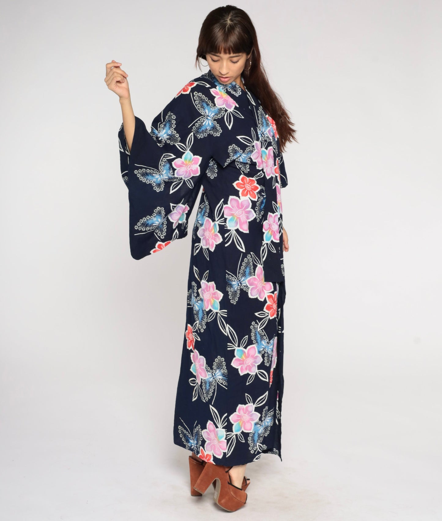 Y2K Navy Floral Butterfly Kimono Robe Maxi Cotton Open Front Medium