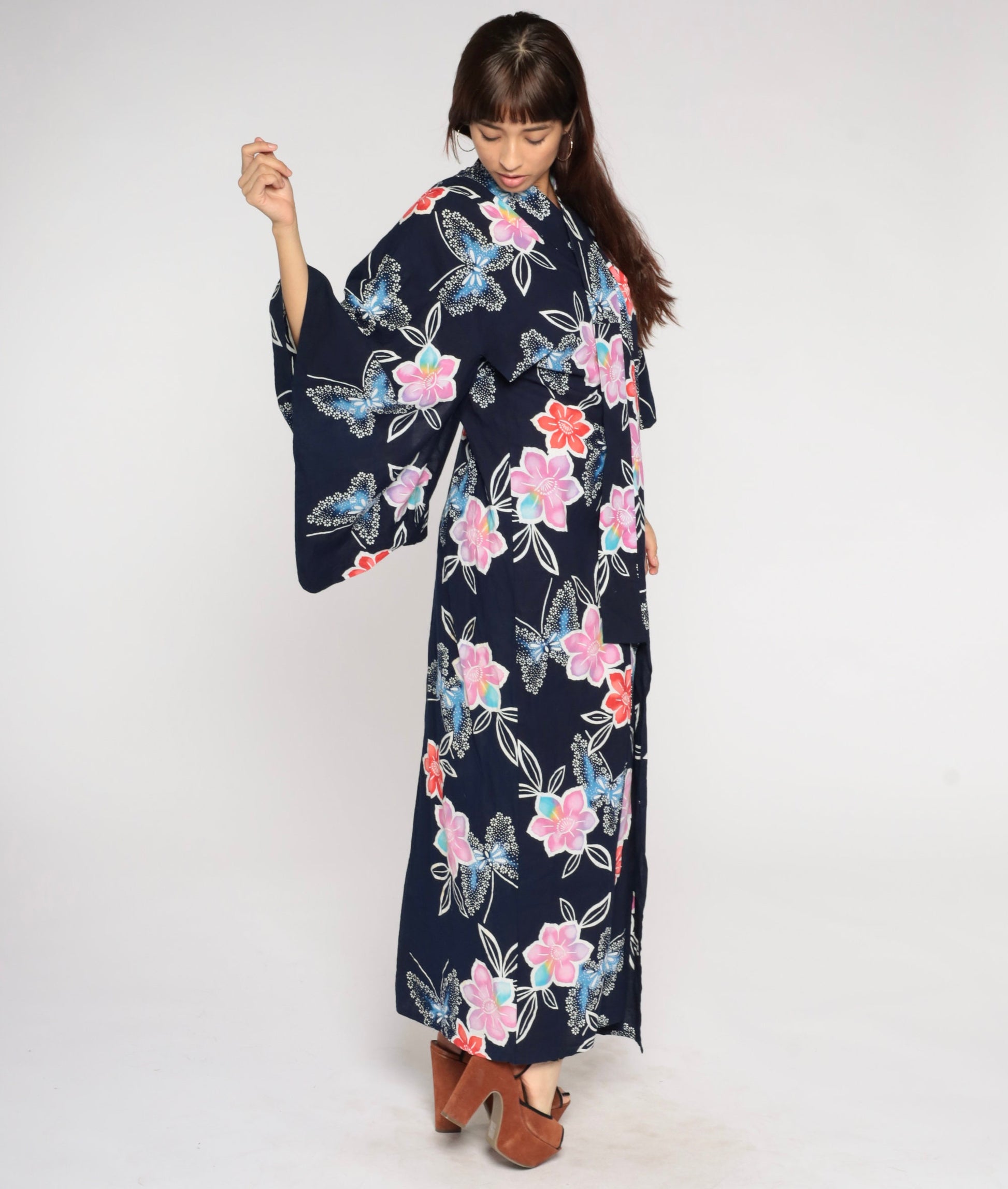 Y2K Navy Floral Butterfly Kimono Robe Maxi Cotton Open Front Medium