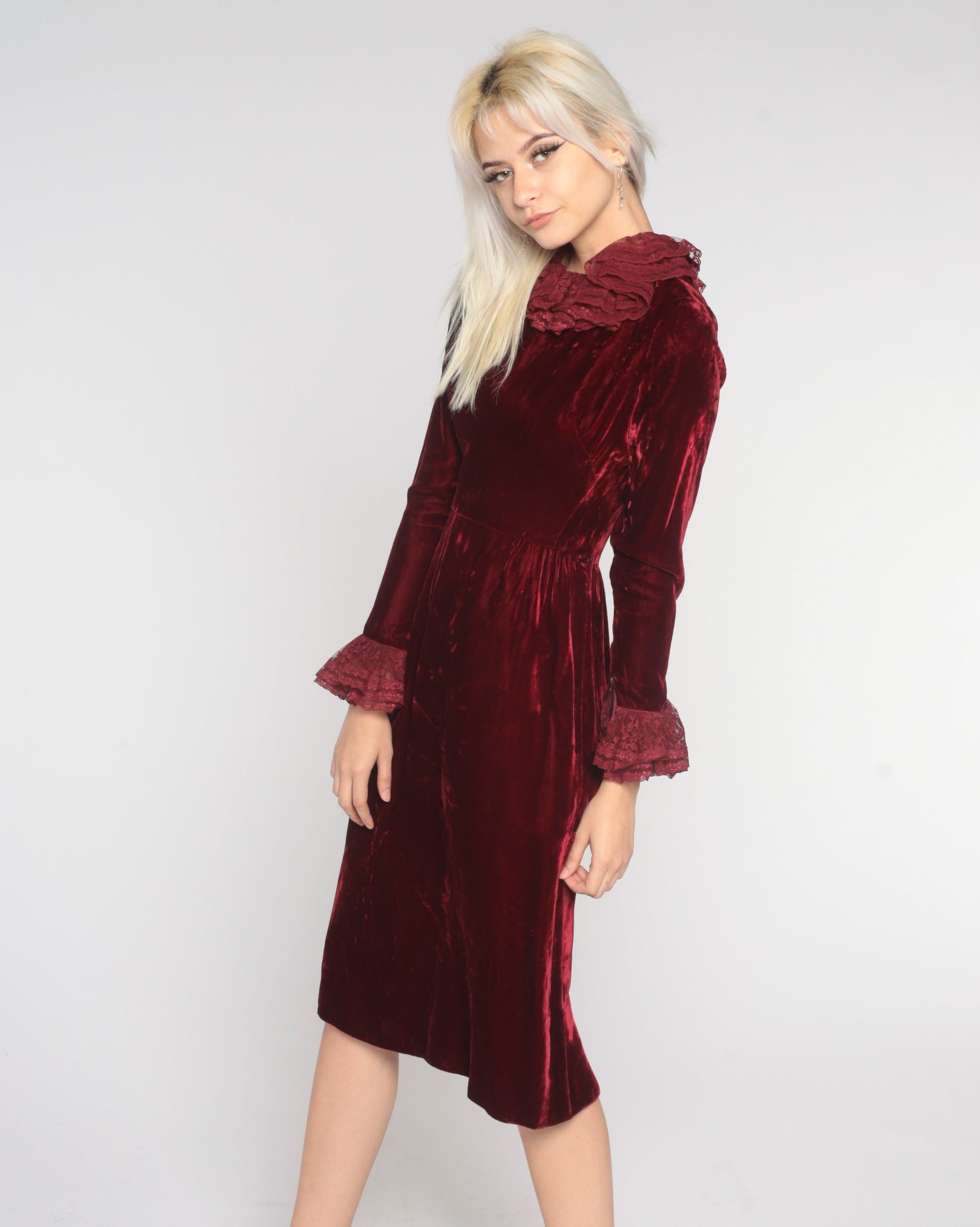 60s Red Velvet Midi Dress Lace Ruffle Long Sleeve High Waist Extra Small