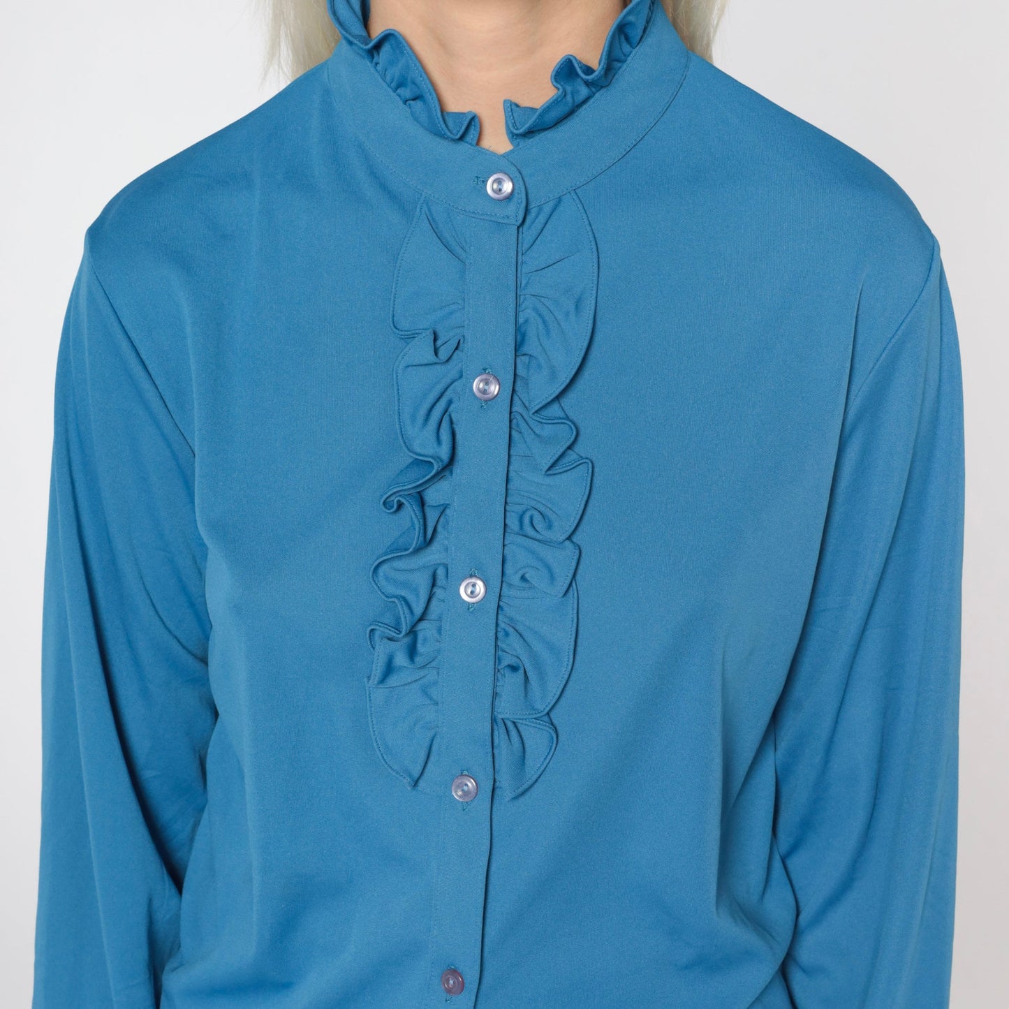 70s Blue Tuxedo Ruffle Blouse High Neck Button Up Long Sleeve Small