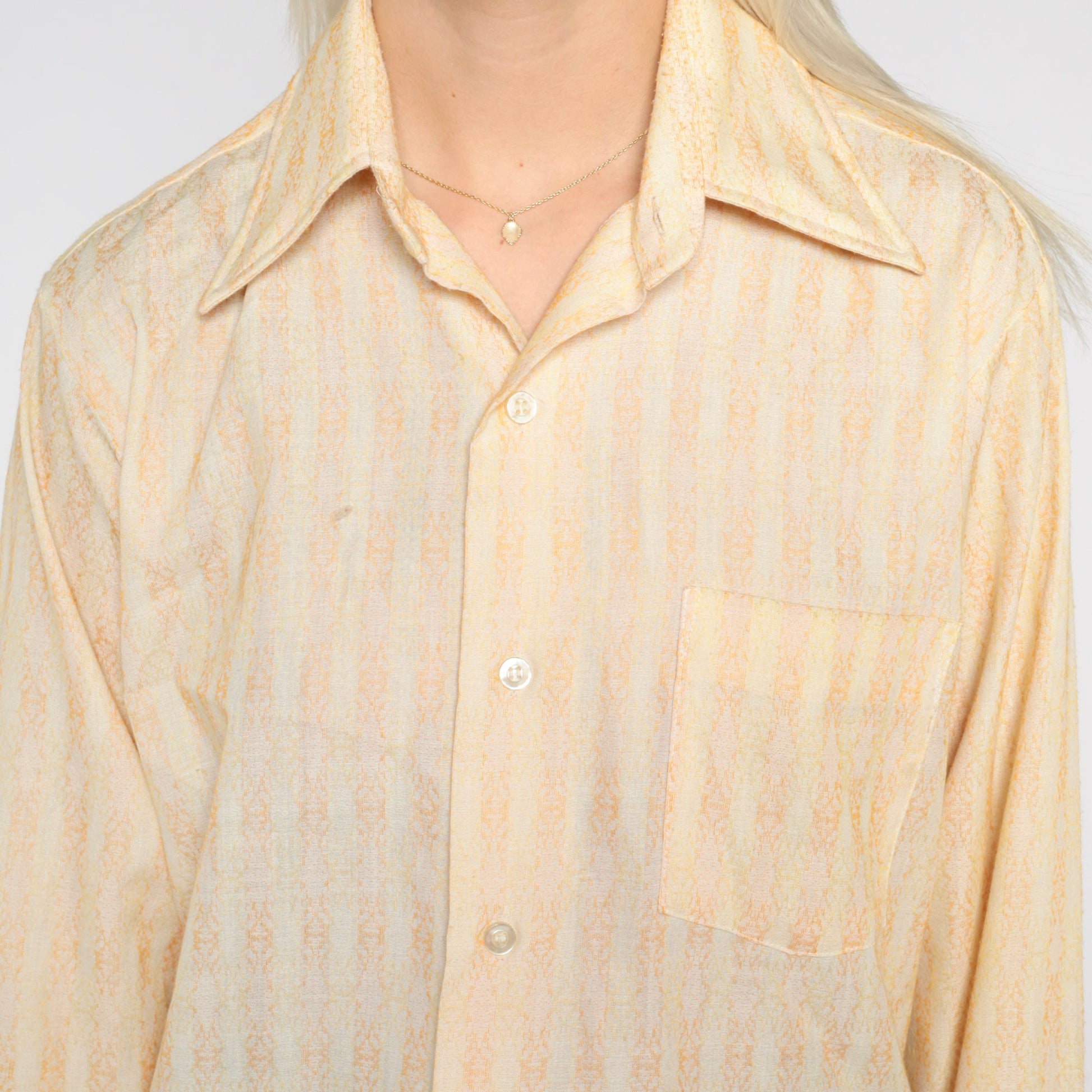 70s Yellow Geometric Striped Button-Up Shirt Pointed Collar Long Sleeve Medium