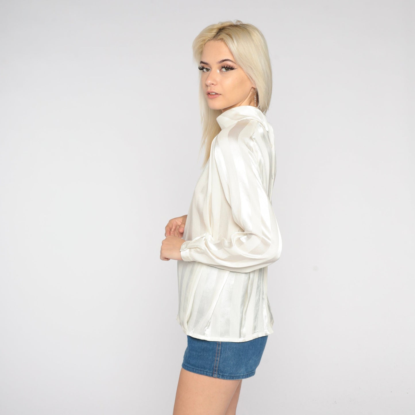 70s White Striped Turtleneck Blouse Long Sleeve Semi Sheer Medium M