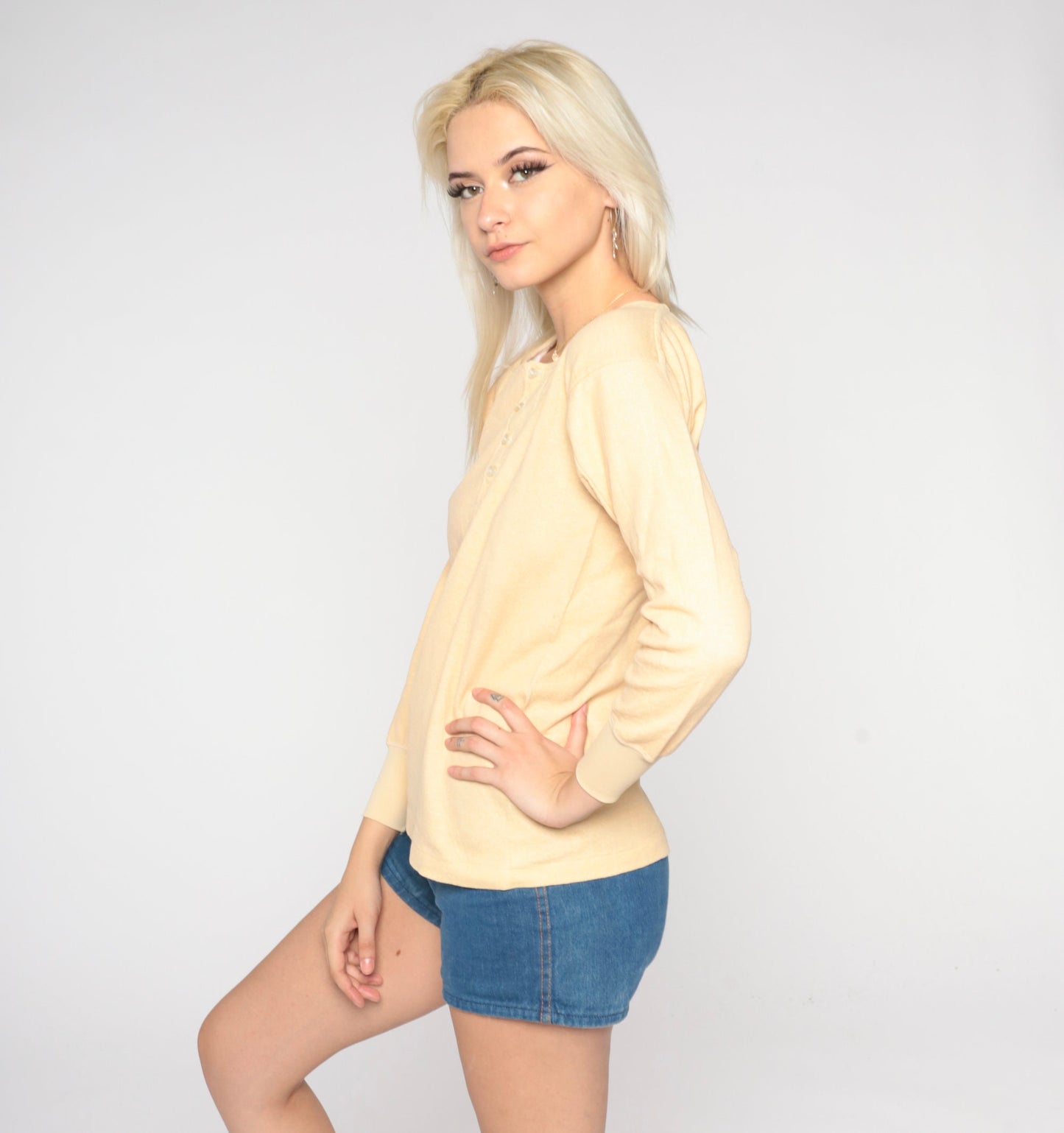 80s Riverlon Thermal Henley Peach Long Sleeve Button Up Medium
