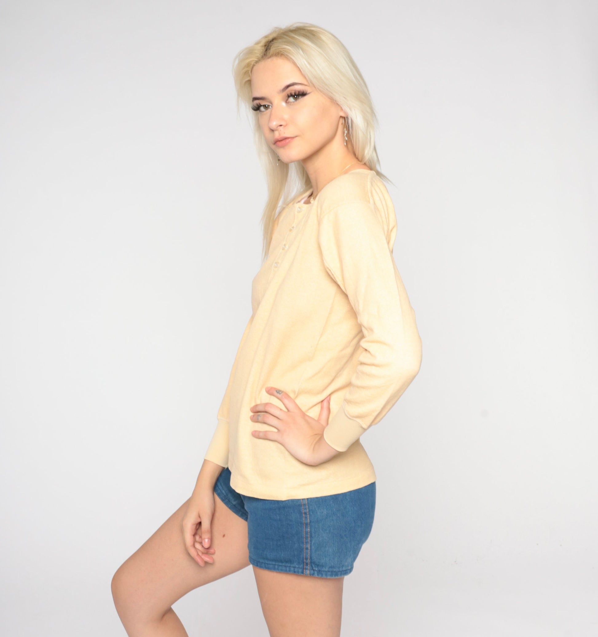 80s Riverlon Thermal Henley Peach Long Sleeve Button Up Medium