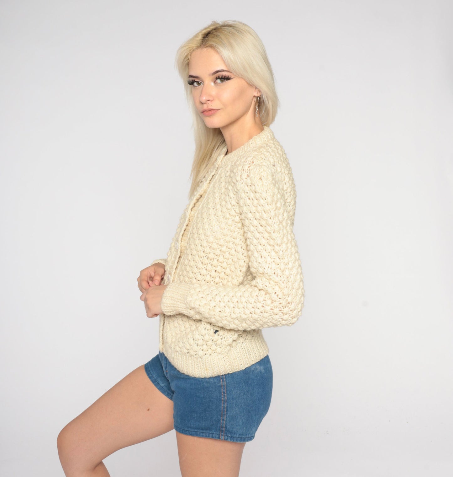 60s Cream Wool Cardigan Button-Up Knit Sweater Small S