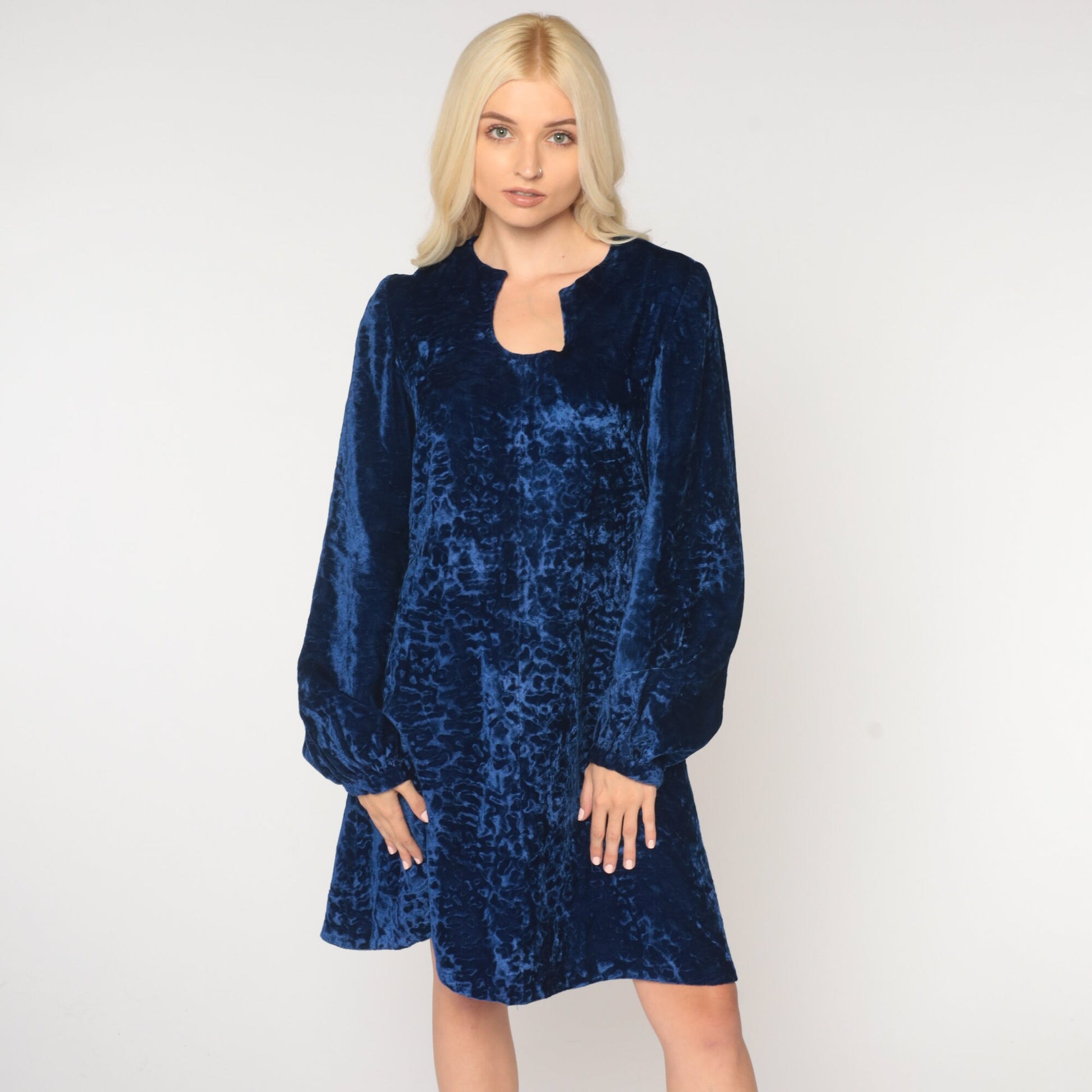 60s Blue Velvet Mini Dress Shift Cut Long Sleeve Asymmetrical Neckline Small