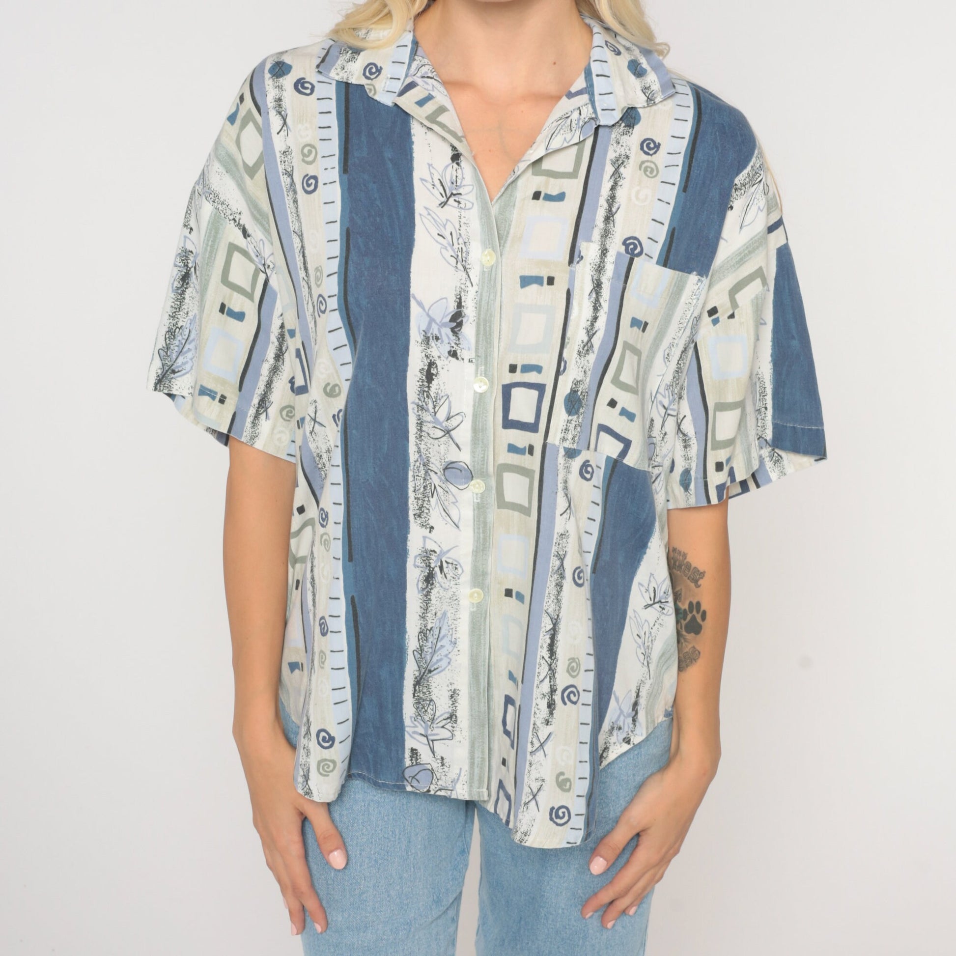 90s Geometric Striped Button Up Blouse Blue White Leaf Print Large L
