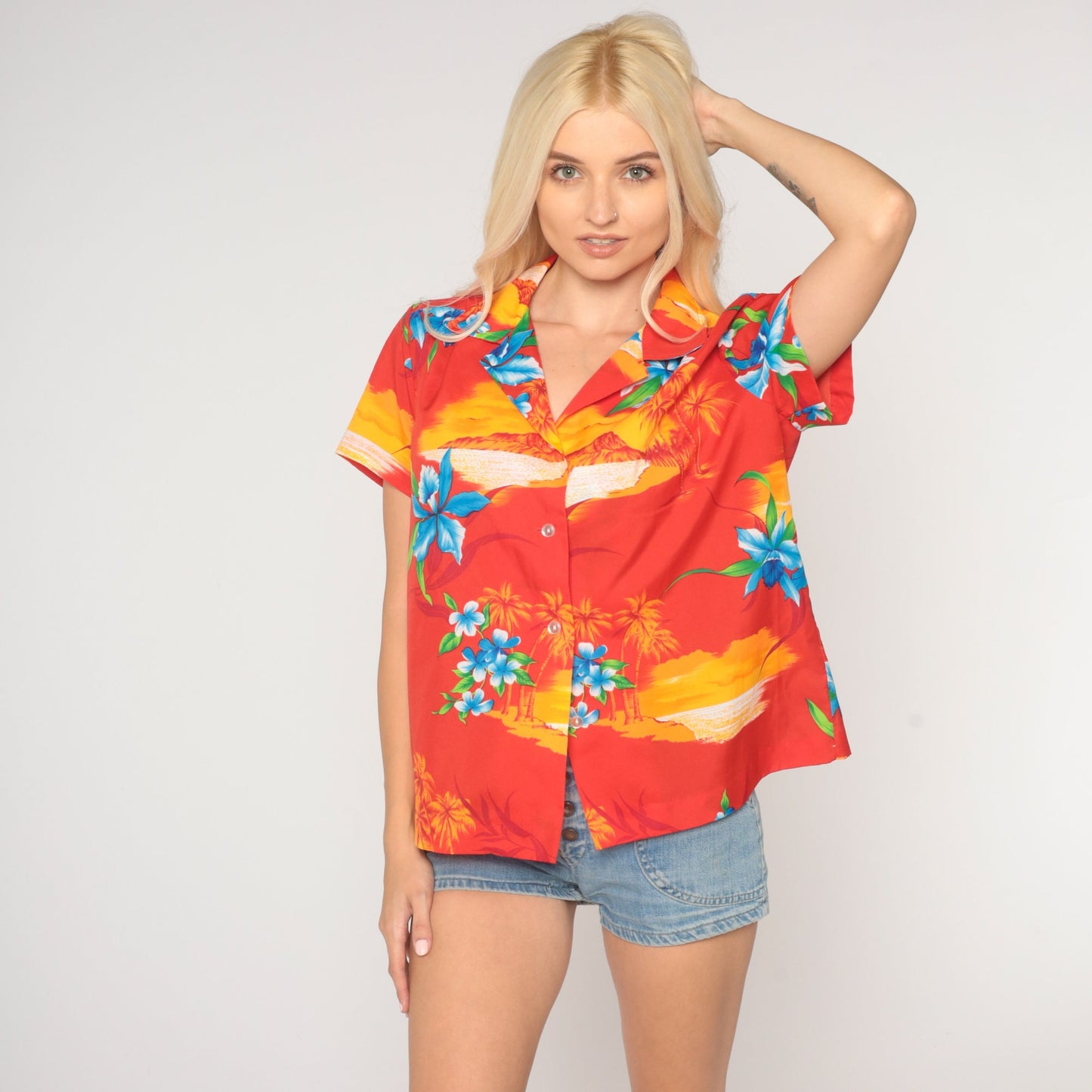 80s Tropical Floral Hawaiian Button-Up Shirt Red Palm Tree Blouse Large L