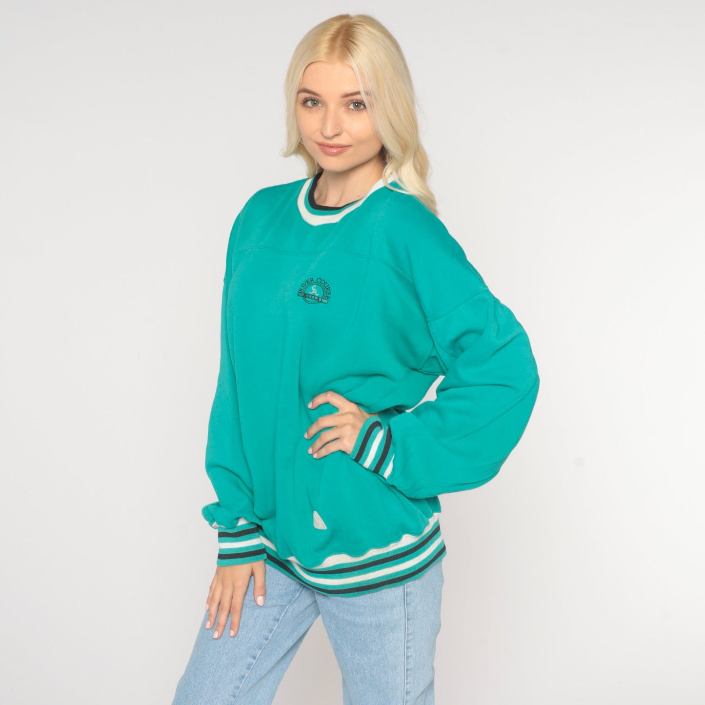 90s River Course Alisal Golf Sweatshirt Teal Striped Ringer Extra Large XXL