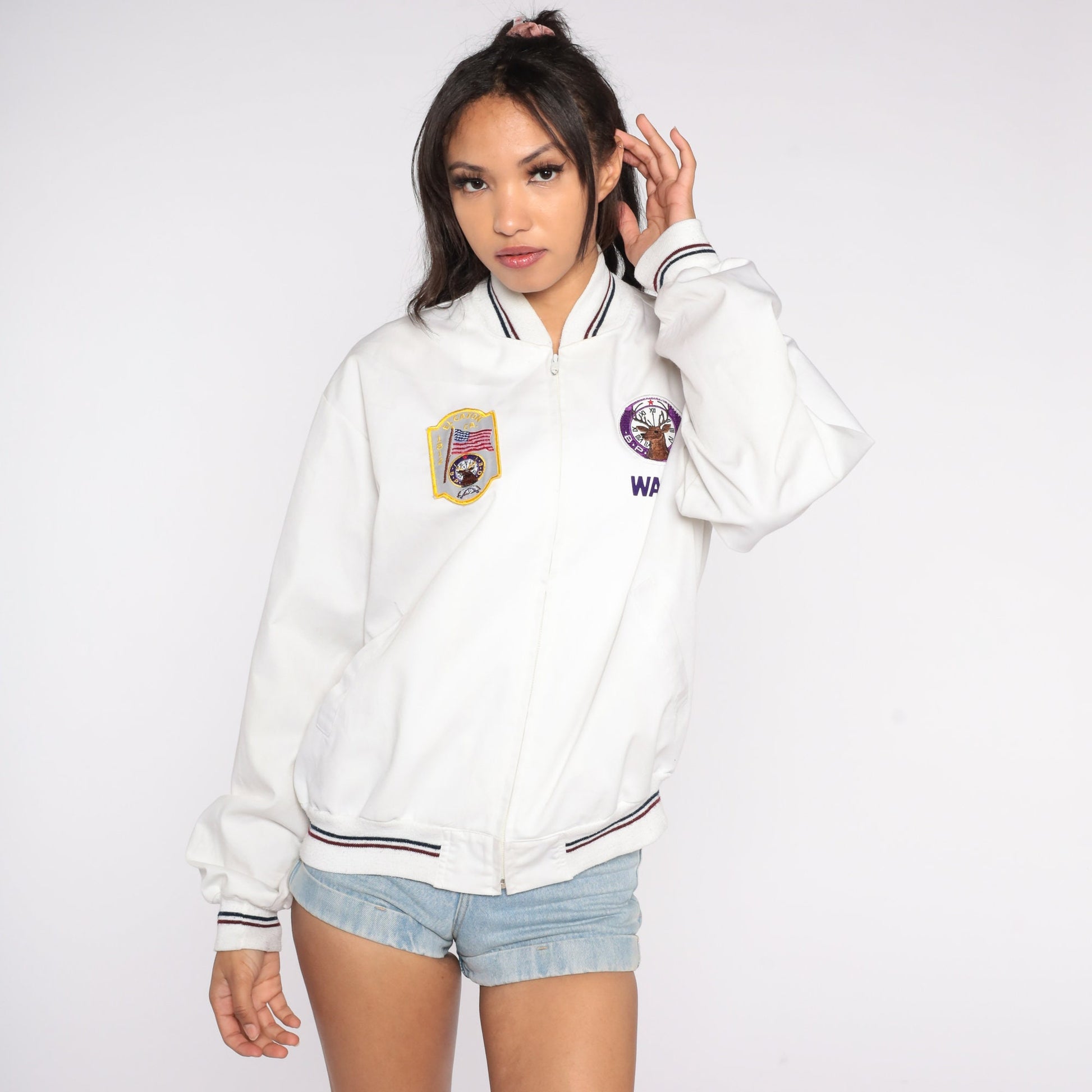 80s San Diego Elks Club El Cajon Bomber Jacket Embroidered Windbreaker White Mens Large L