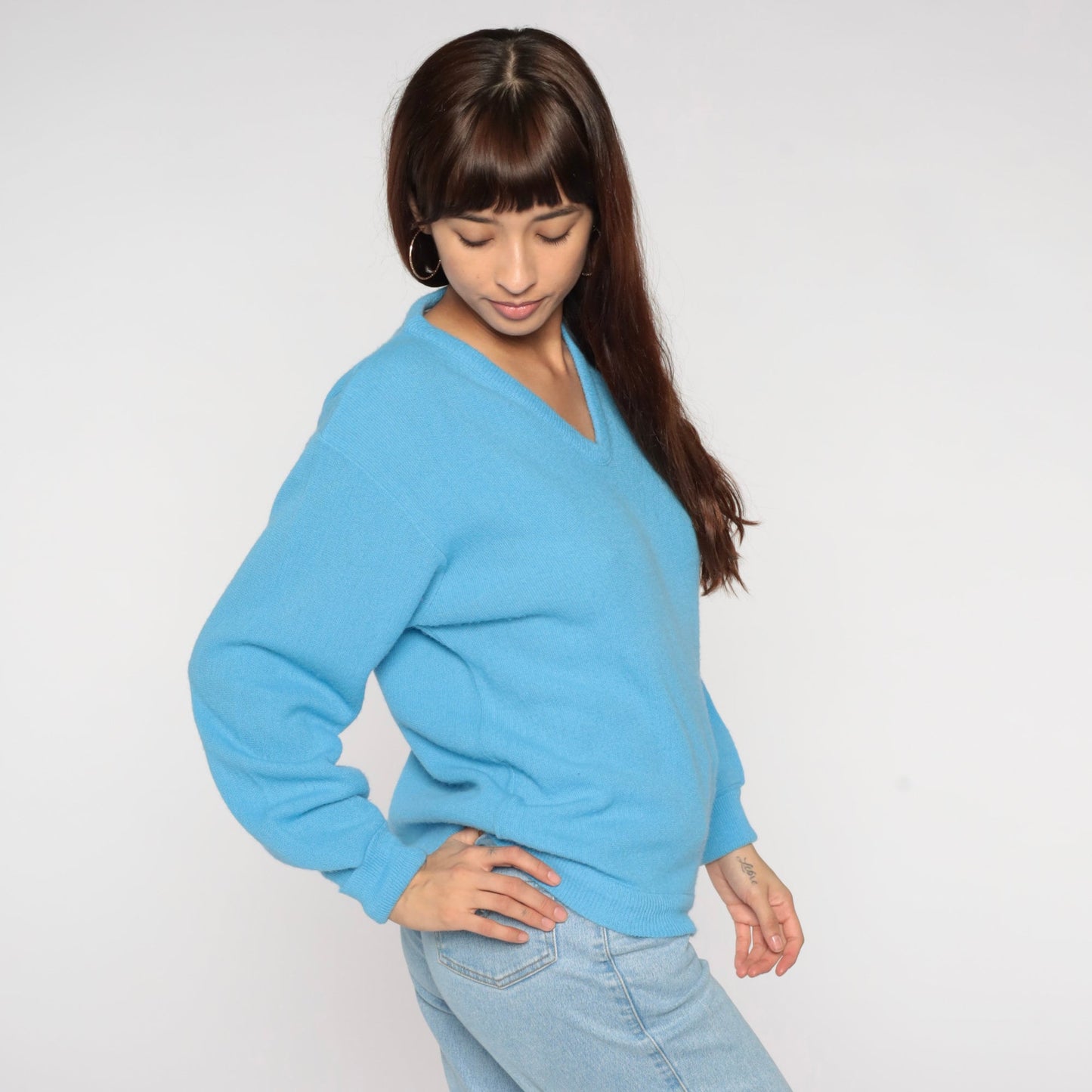 80s Light Blue Fox Emblem V-Neck Pullover Sweater Small S