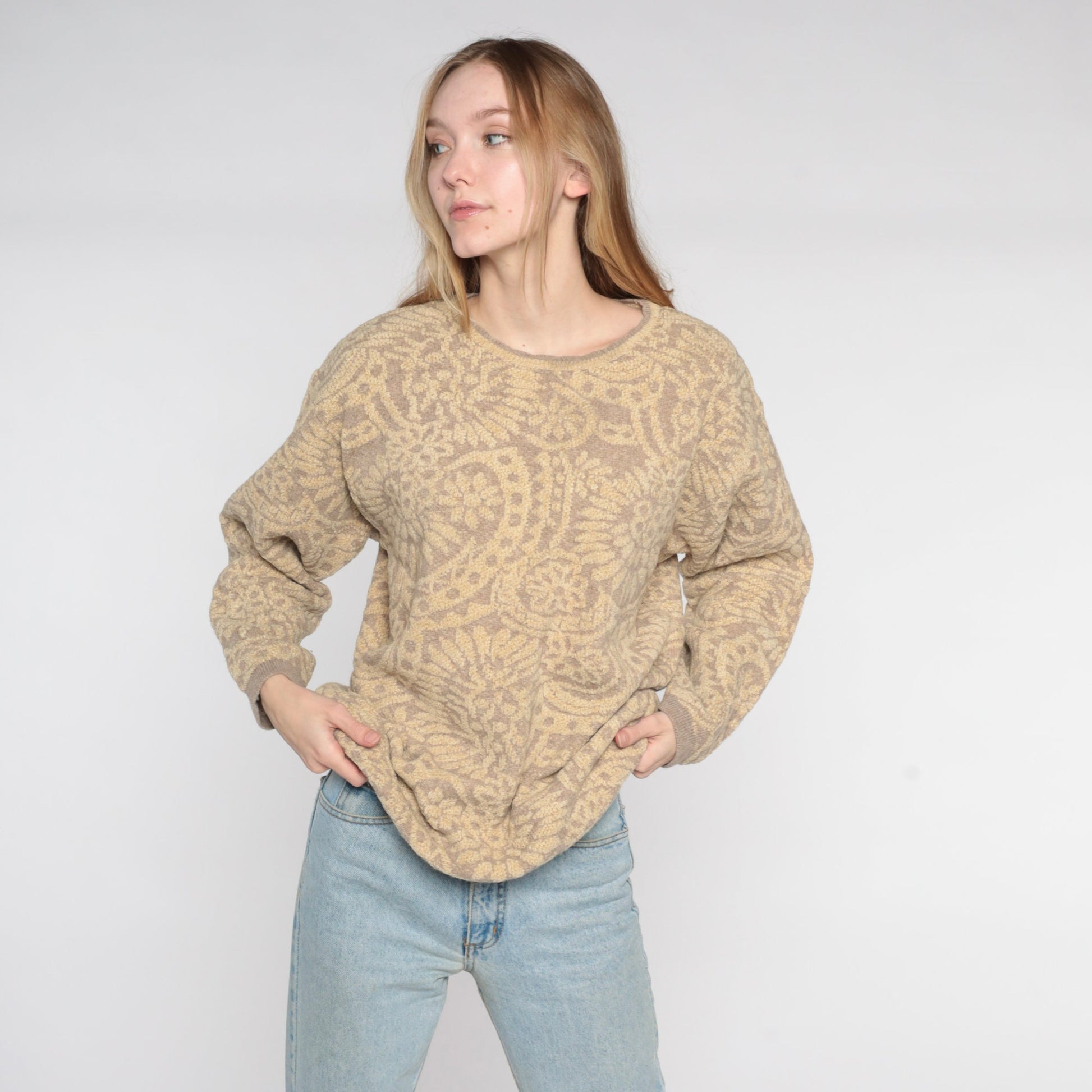 90s Tan Floral Wool Blend Sweater Italian Made Pullover Medium