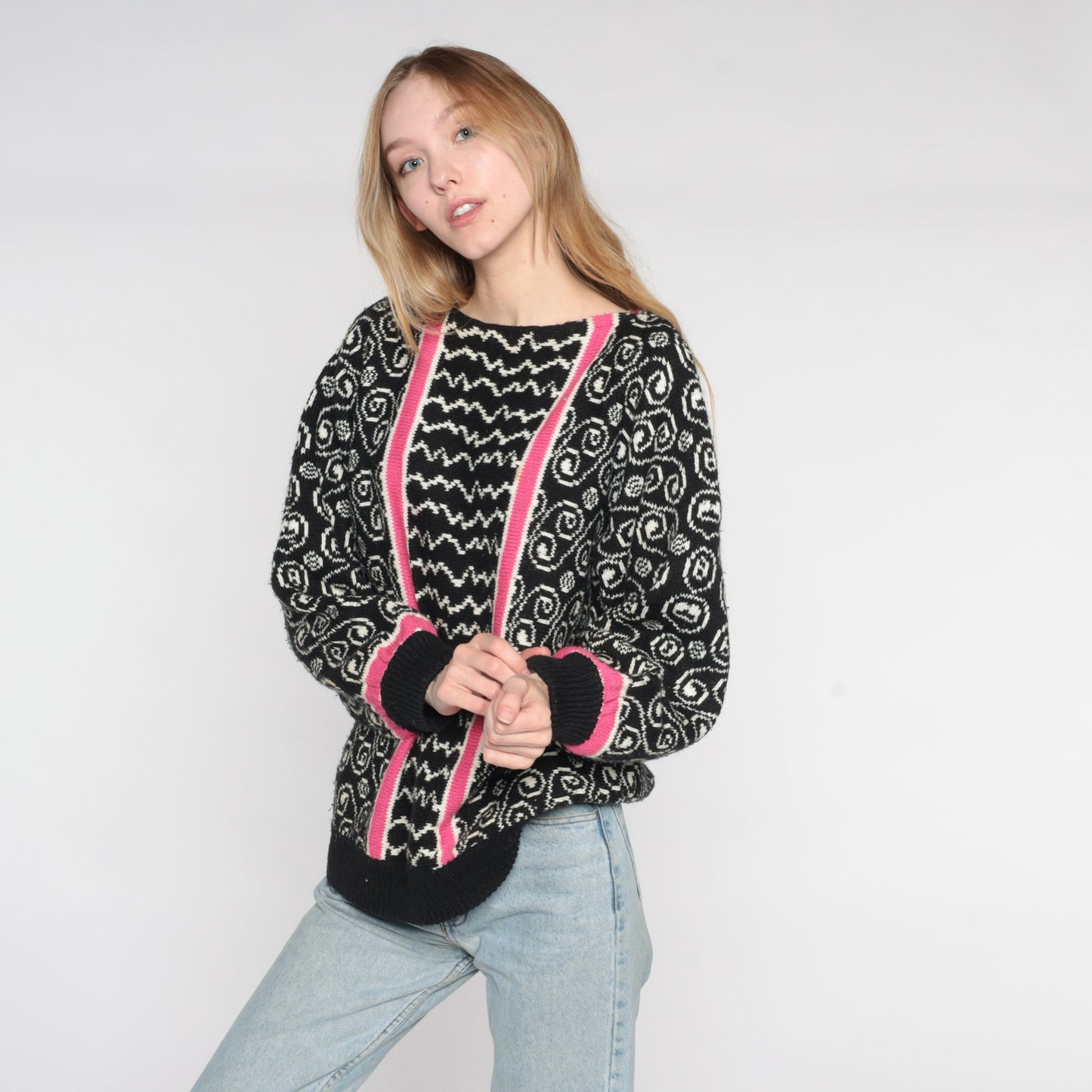80s Black Swirl Stripe Knit Sweater Pink White Abstract Pullover Small