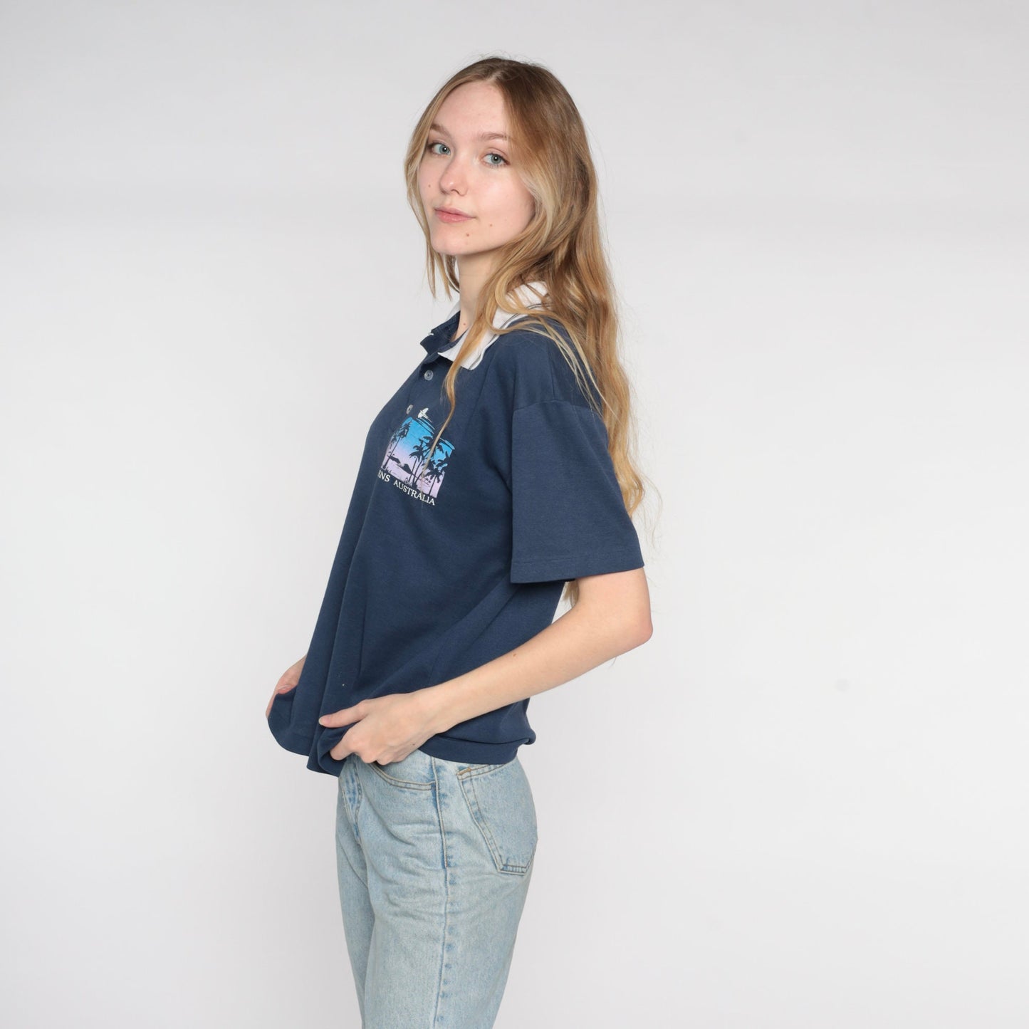 80s Cairns Australia Polo Shirt Navy Blue Graphic Mens Small