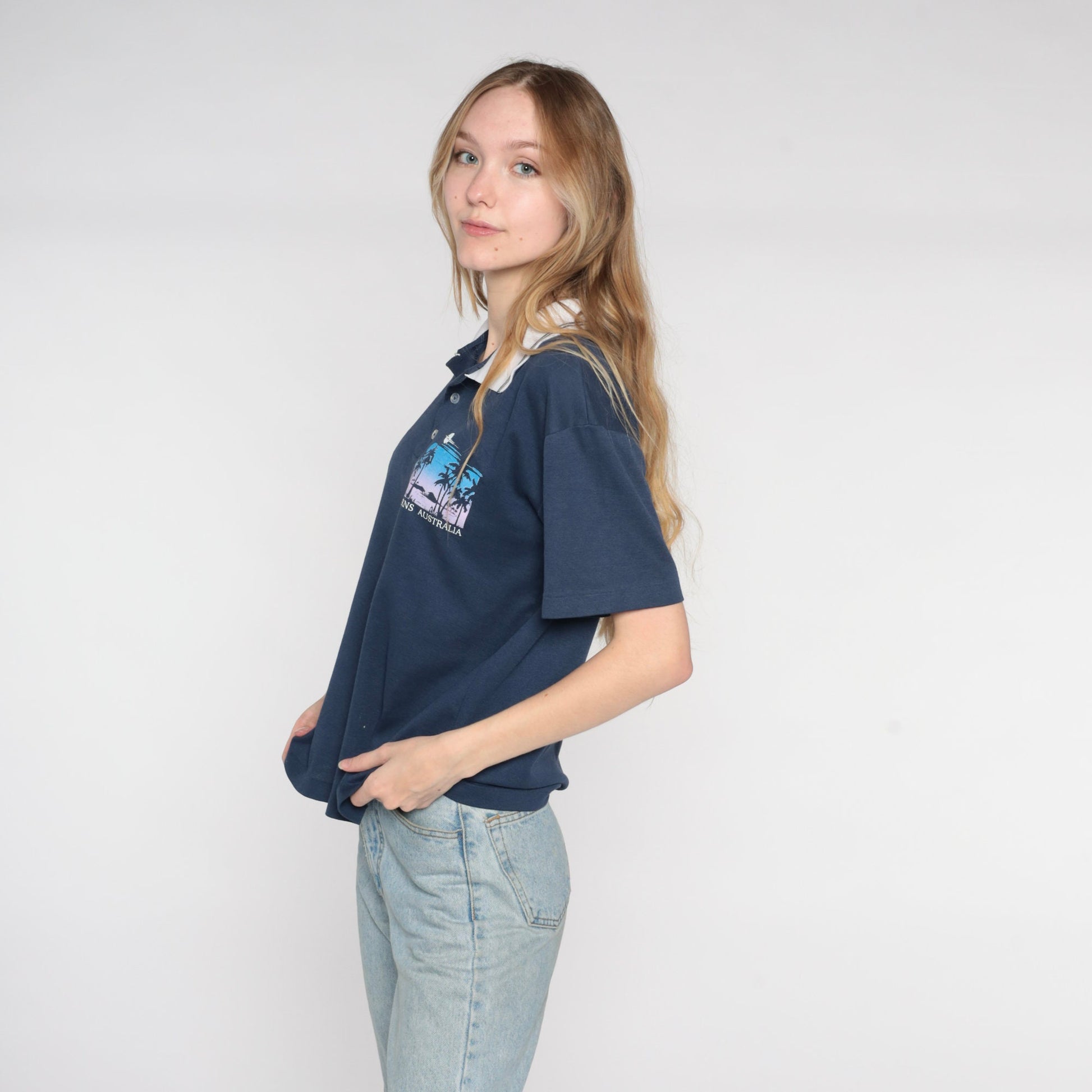 80s Cairns Australia Polo Shirt Navy Blue Graphic Mens Small