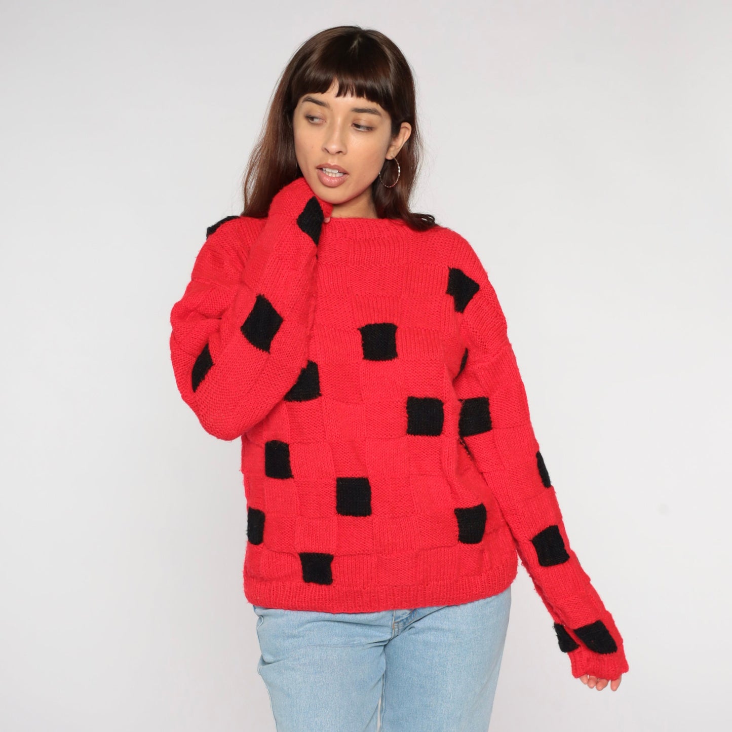80s Red Black Checkered Knit Sweater Crewneck Pullover Medium Large