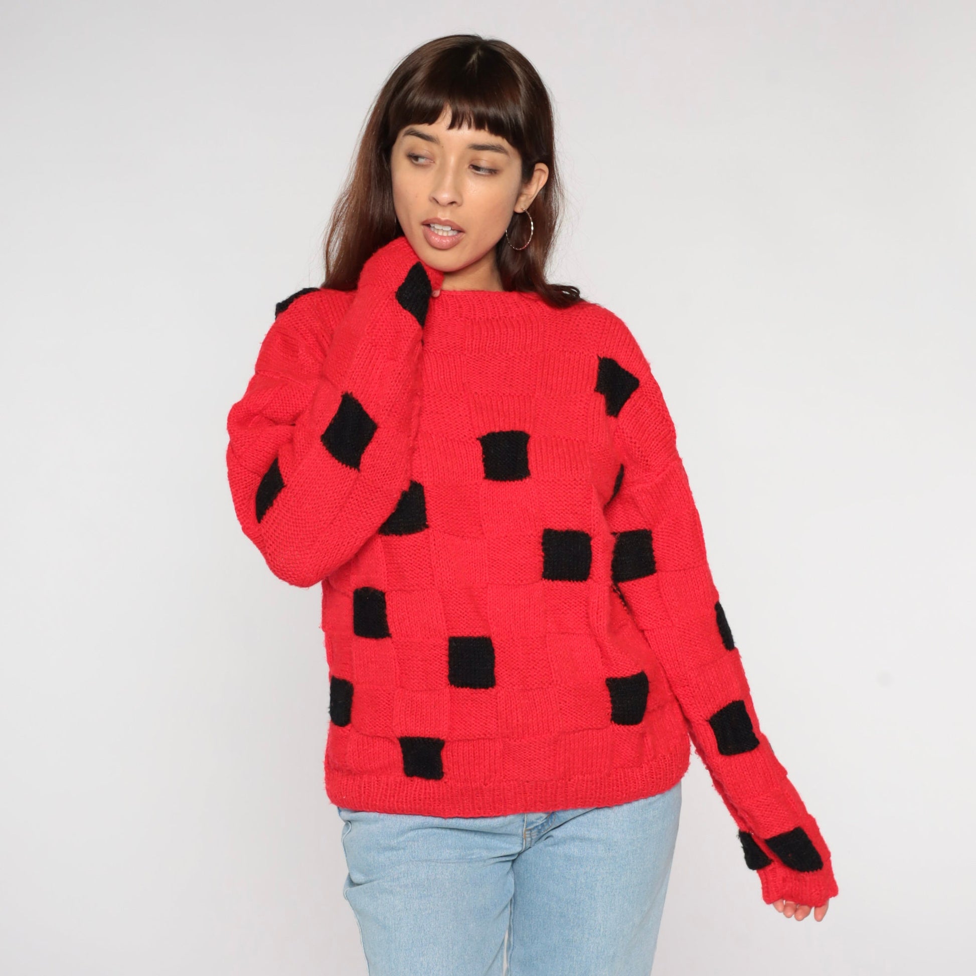 80s Red Black Checkered Knit Sweater Crewneck Pullover Medium Large