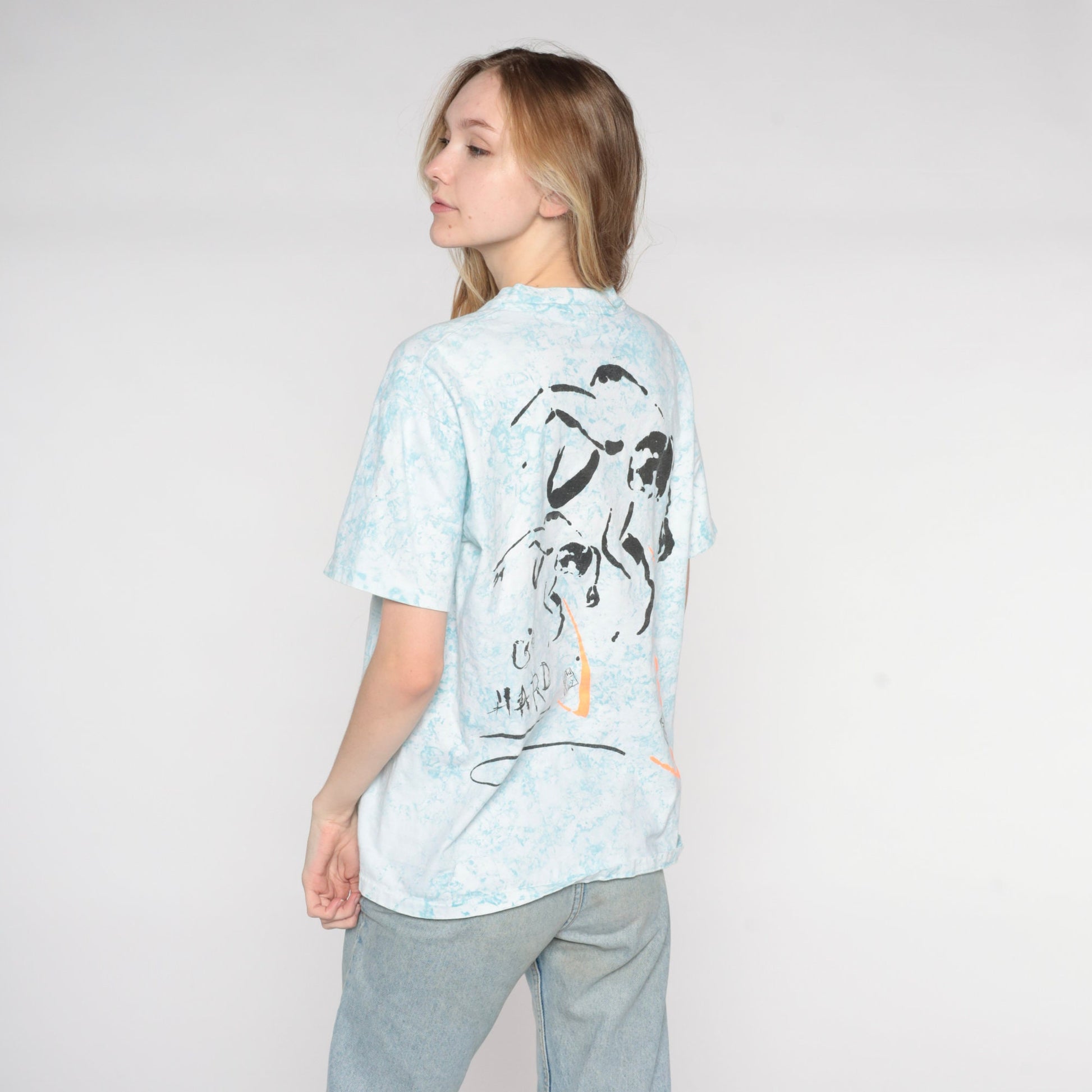 90s Platts Surf Tie Dye Graphic T-Shirt Blue White Go Hard Large L