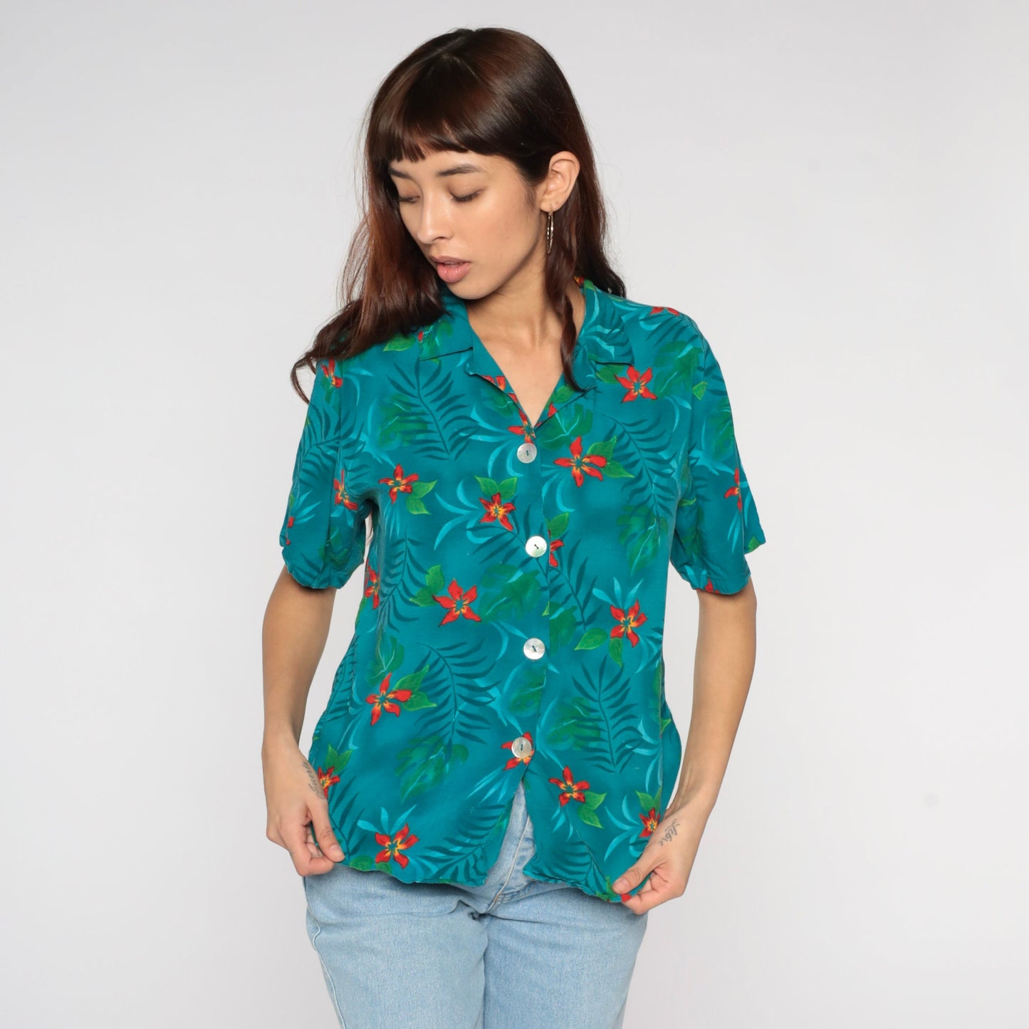 90s Tropical Floral Button-Up Blouse Teal Leaf Print Short Sleeve Small