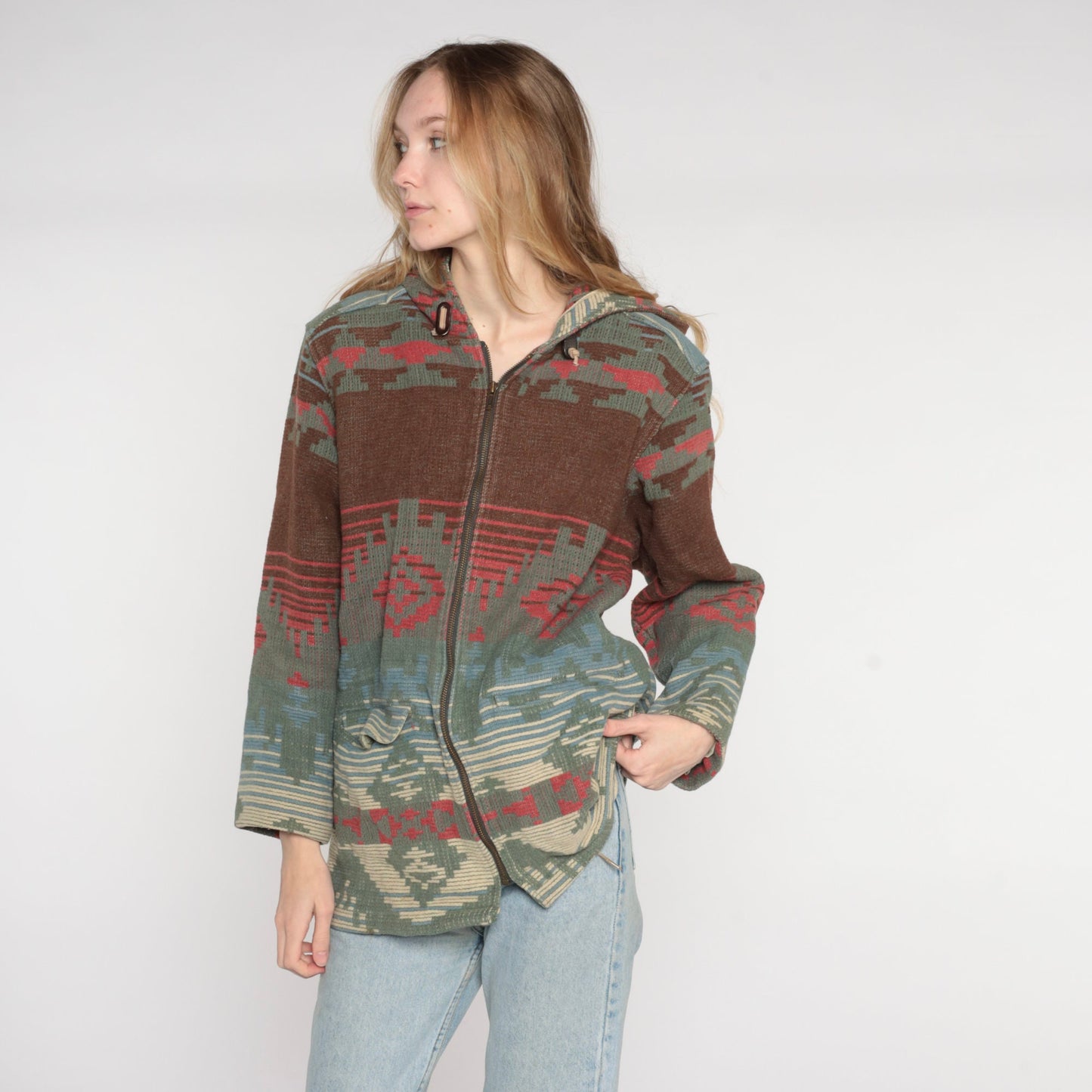 90s Woolrich Southwestern Wool Blend Hooded Jacket Brown Blue Medium
