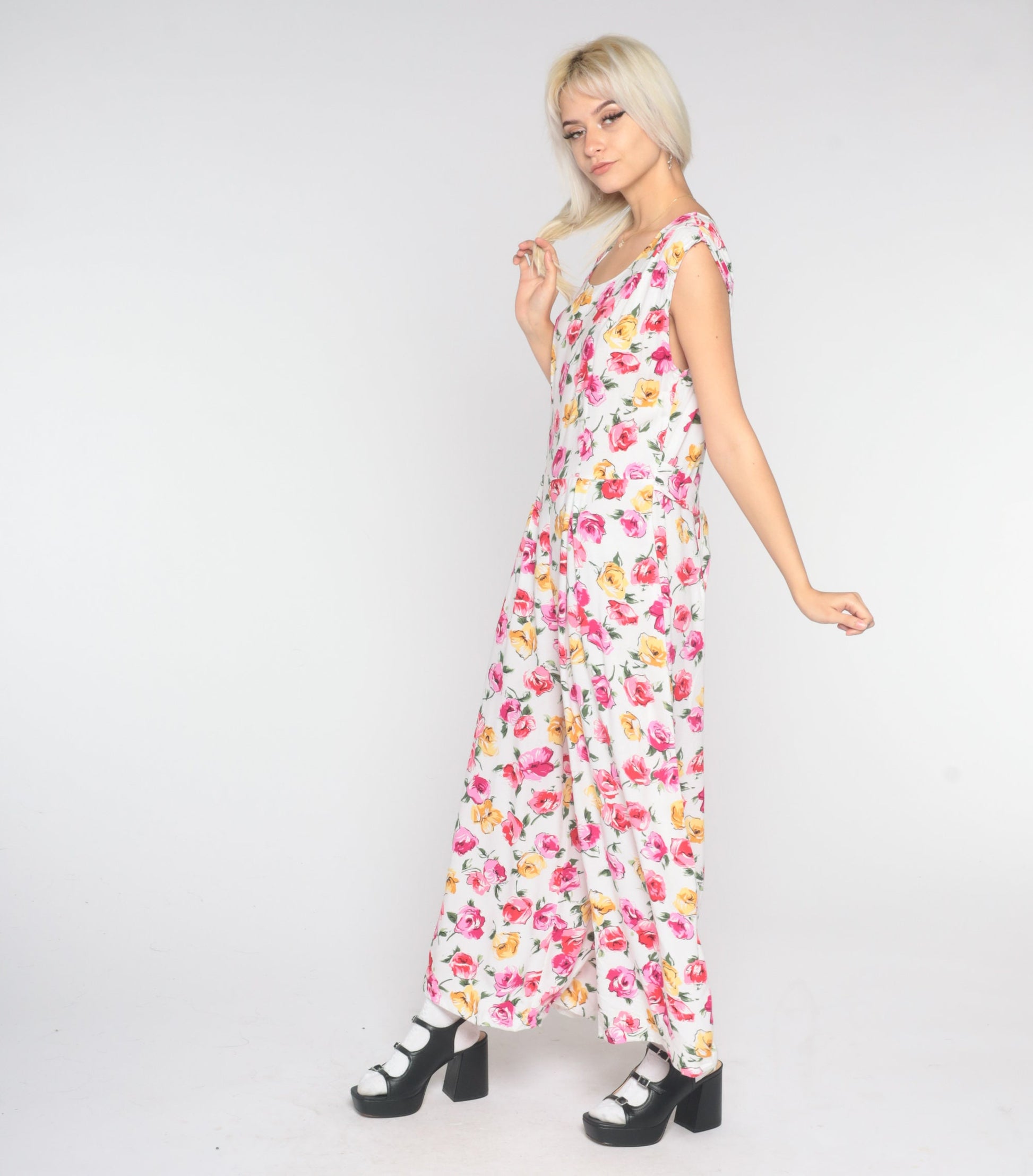 90s Floral Jumpsuit White Pink Wide Leg Sleeveless One Piece Large L