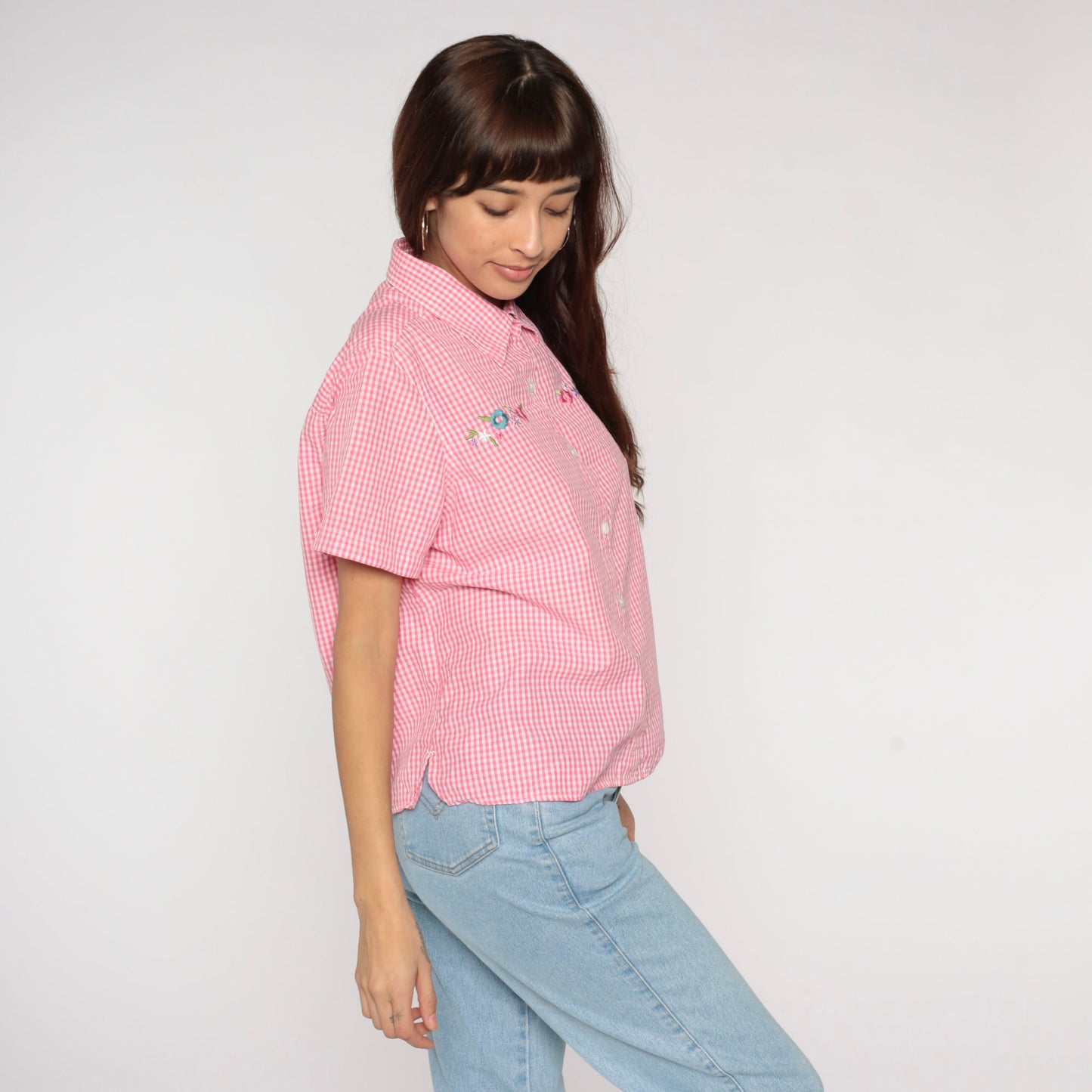 Y2K Pink Gingham Blouse Floral Embroidered Button Up Short Sleeve Medium M