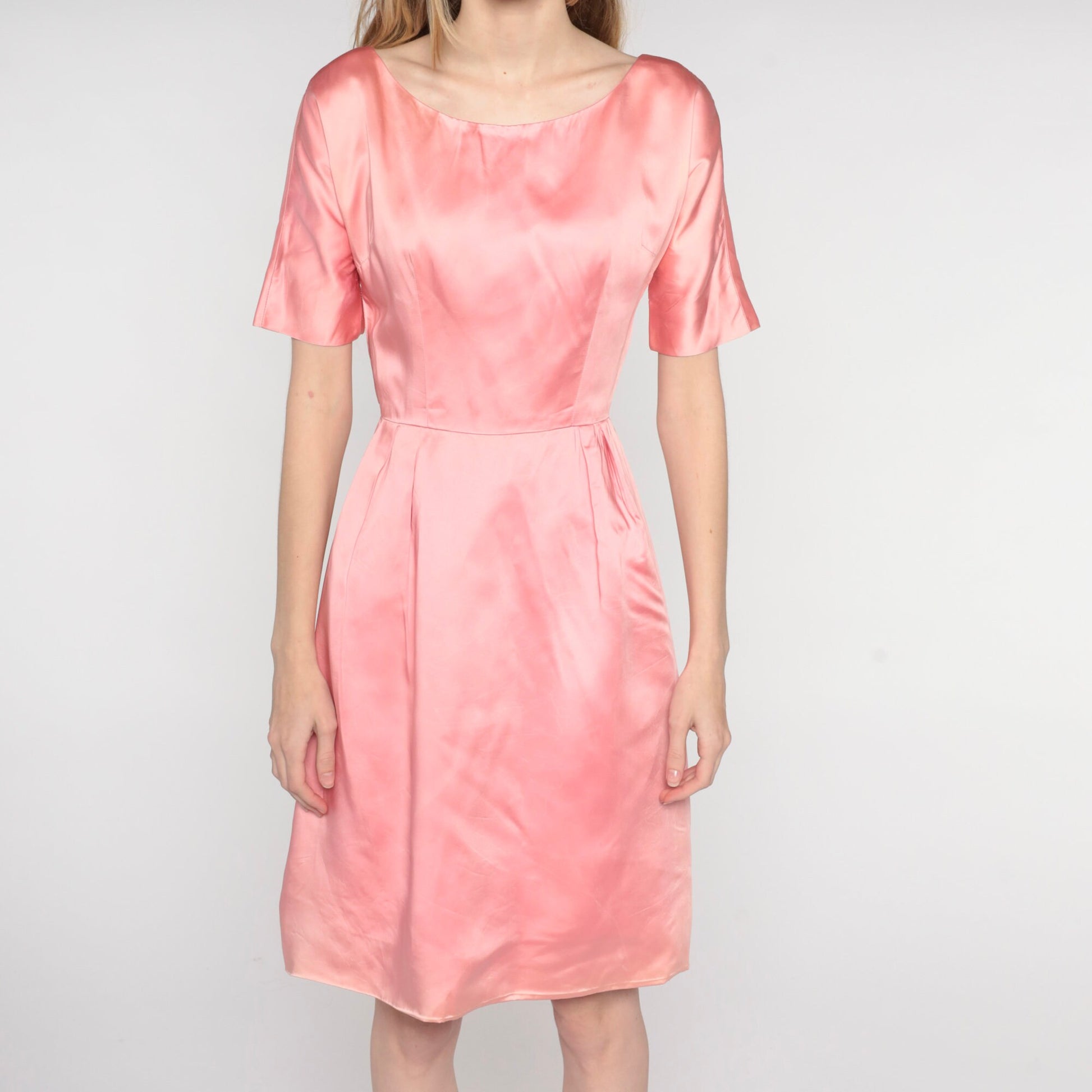 1960s Pink Satin Mini Shift Dress Short Sleeve High Waist Extra Small XS