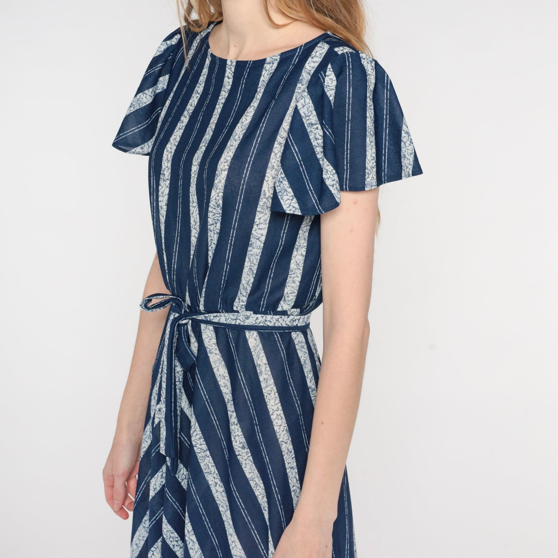 70s Navy Striped Dress High Waist Flutter Sleeve Belted Knee Length Medium