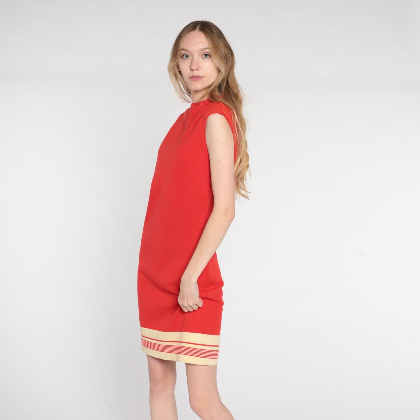60s Mod Shift Dress Red Striped Wool Blend Mini Sleeveless Small S