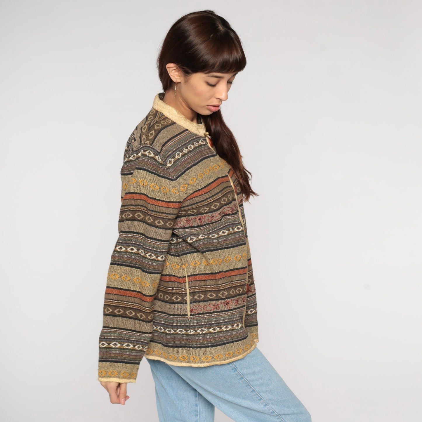 Y2K Striped Tapestry Button Jacket Floral Collar Cotton Neutral Extra Large XXL