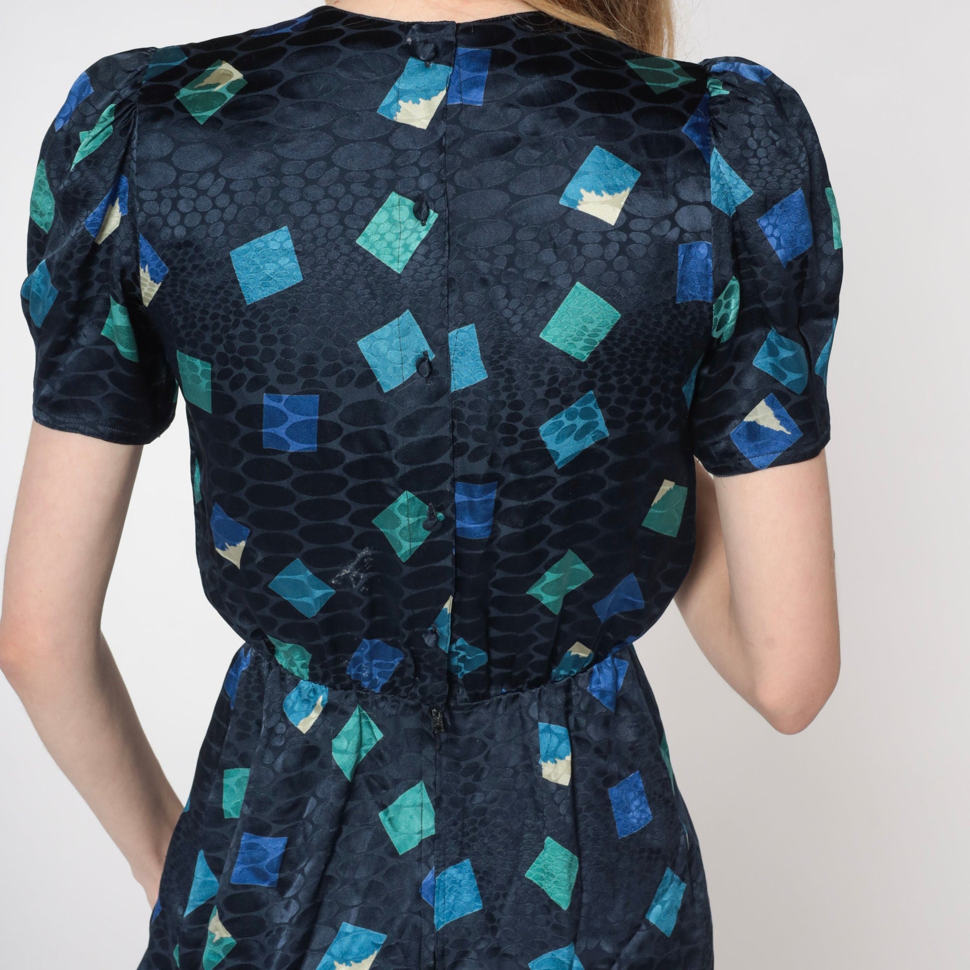 80s Navy Silk Puff Sleeve Dress Embossed Geometric Print High Waisted XS