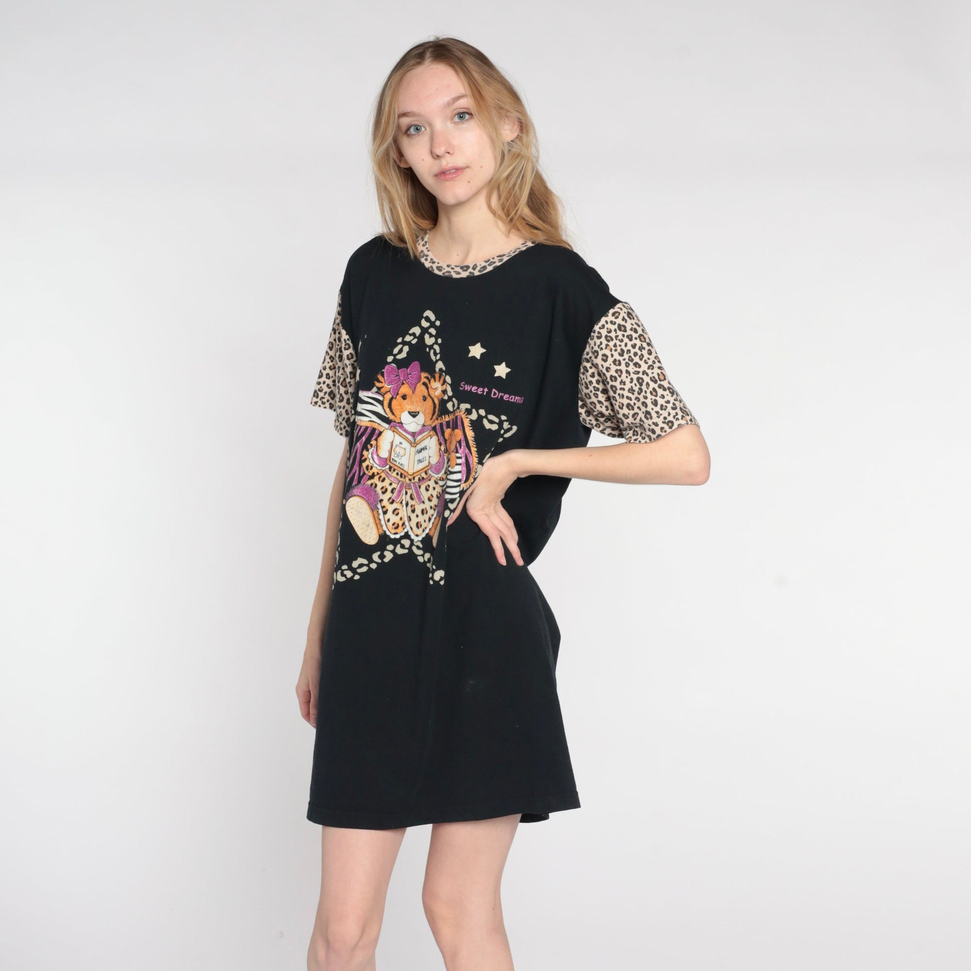90s Baby Tiger Sweet Dreams T-Shirt Dress Black Leopard Print Mini Nightgown