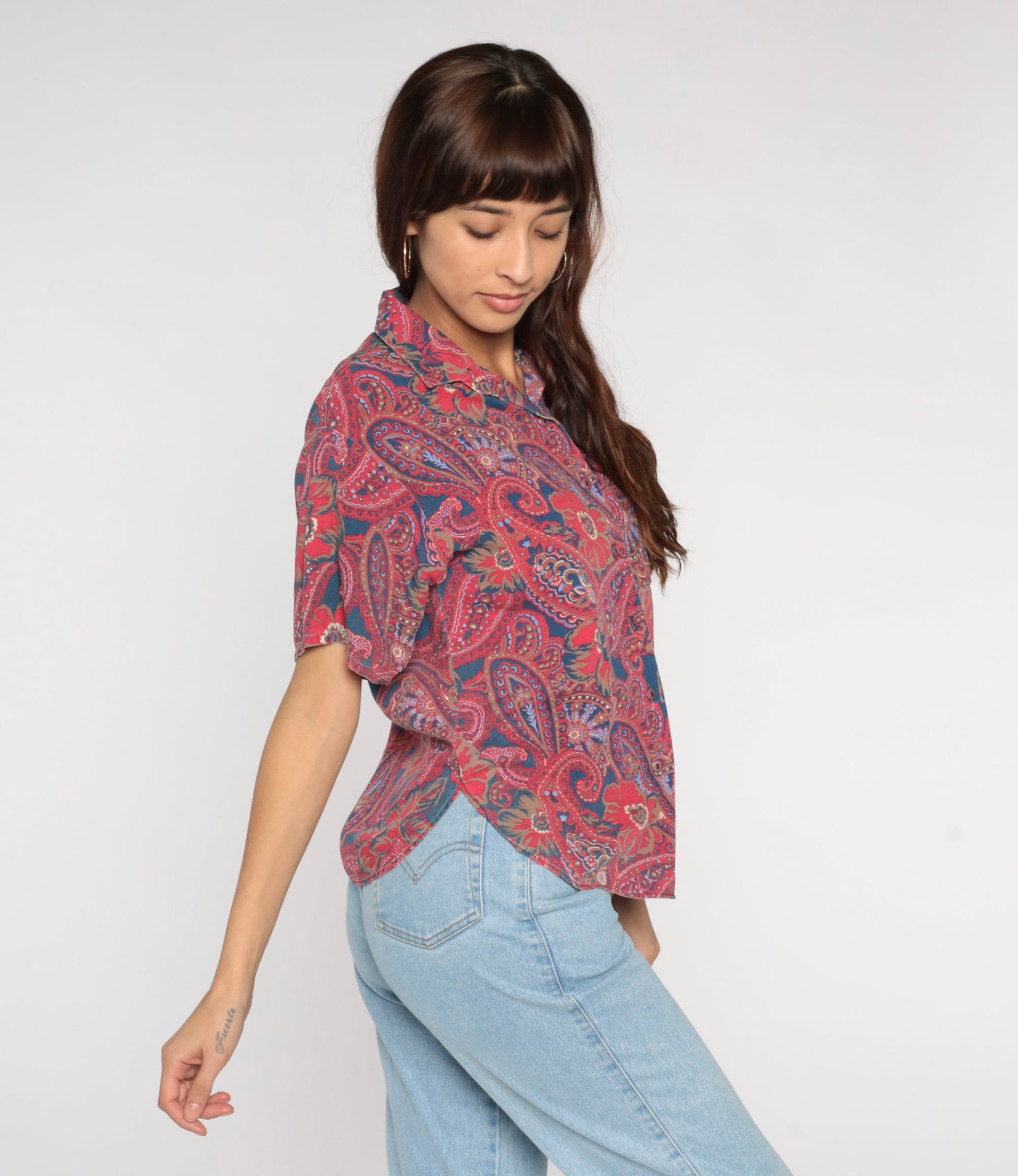 90s Paisley Floral Button Up Blouse Red Blue Short Sleeve Small