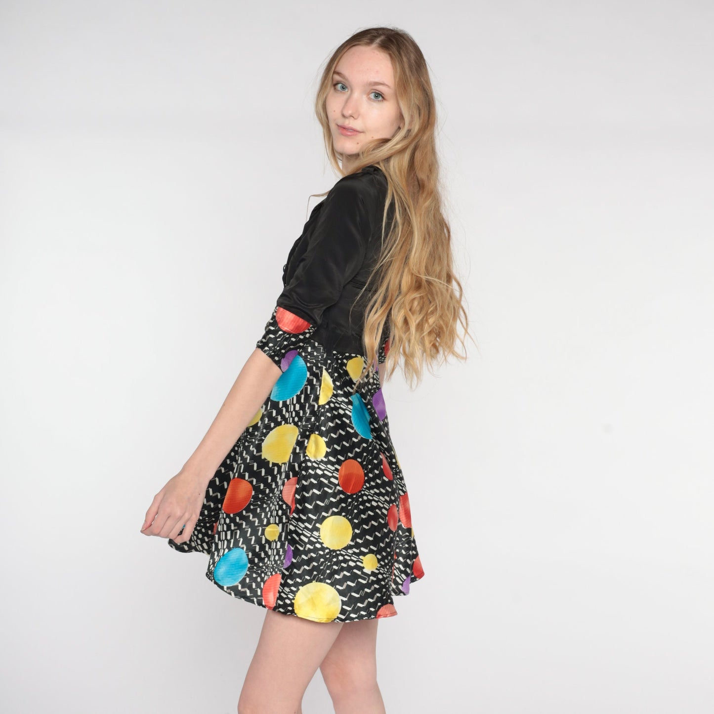 90s Black Geometric Silk Mini Dress Double Breasted V Neck Empire Waist Extra Small