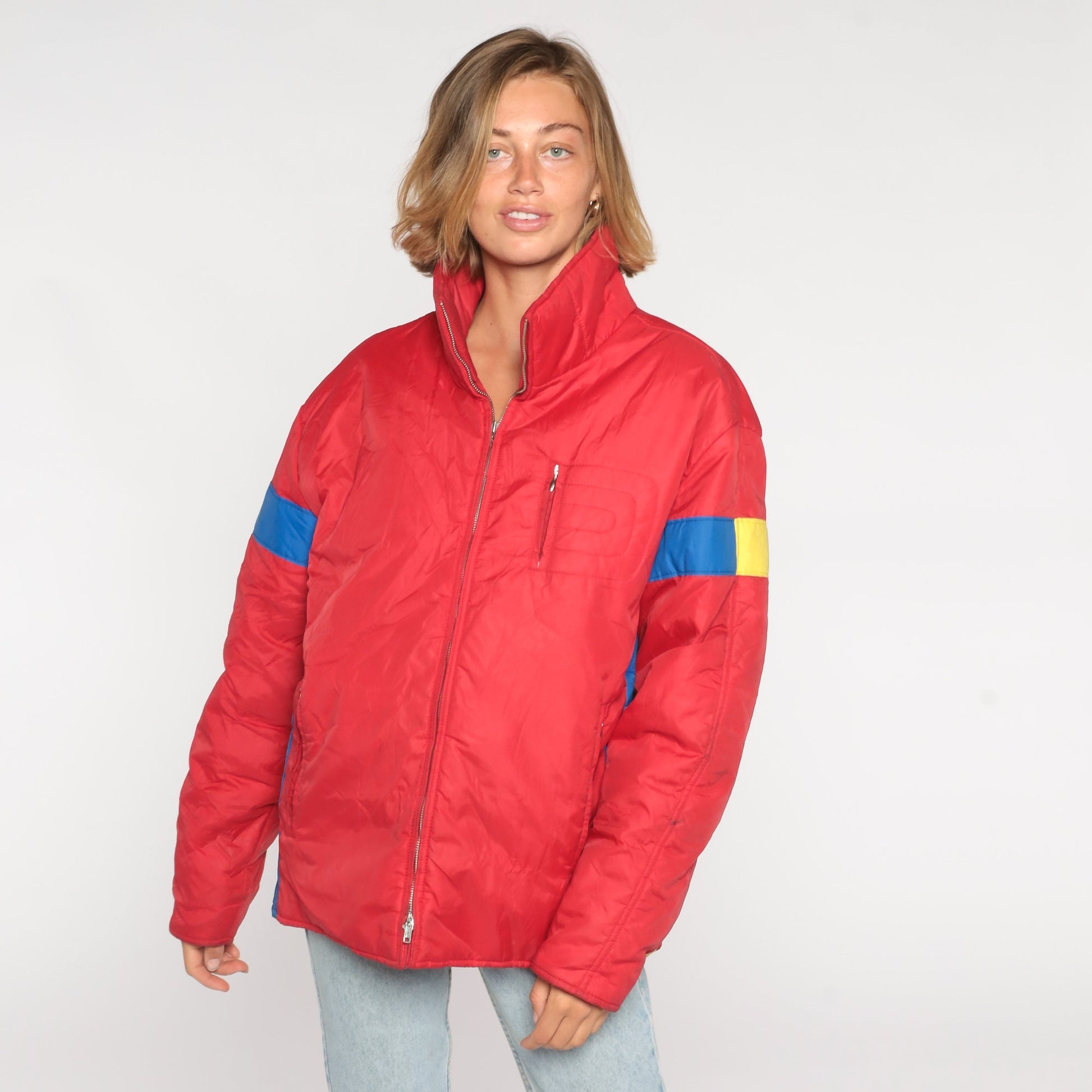 80s Roffe Goose Down Ski Jacket Red Striped Puffer Zip Coat Men's Large