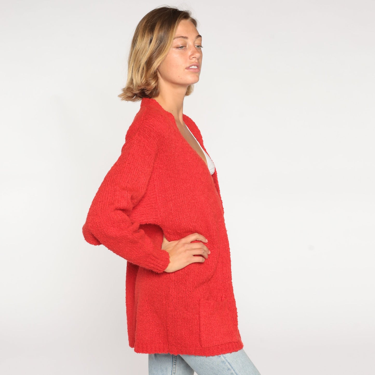 80s Red Cardigan Button-Up Knit Sweater Large L